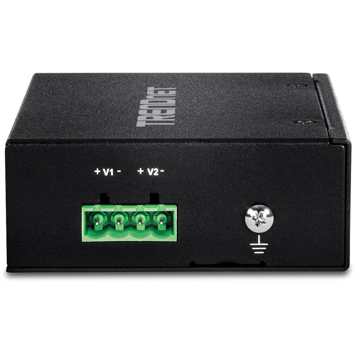 Ein schwarzes elektronisches Gerät mit grünen Anschlüssen und den Aufschriften +V1, +V2. Das Gerät ist schwarz.