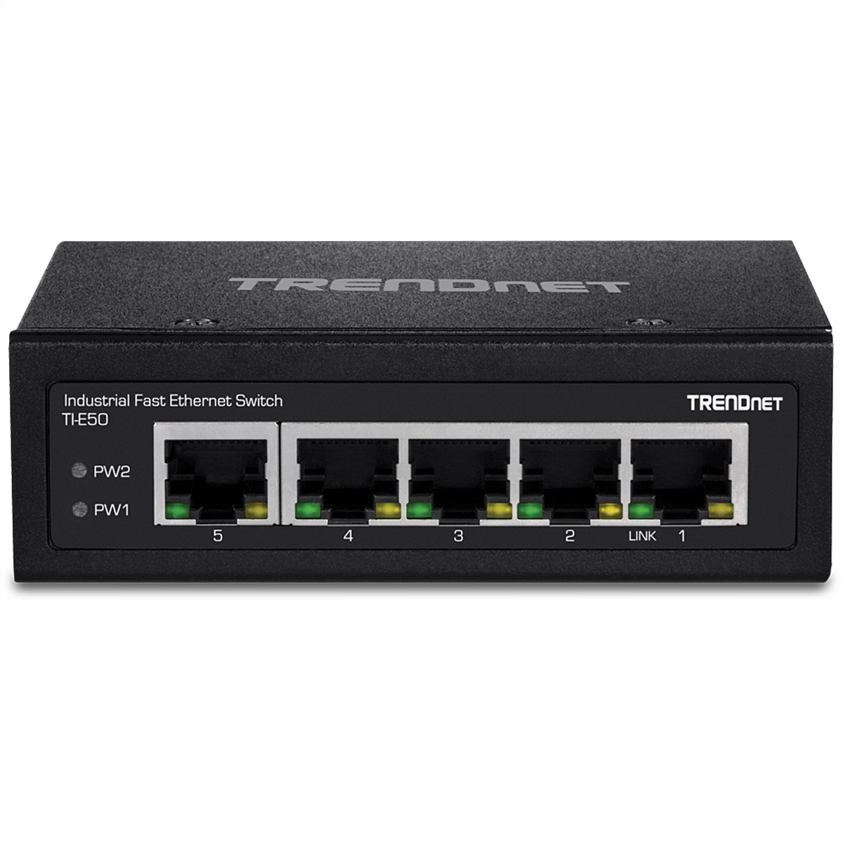 Schwarzer TRENDnet Ethernet-Switch mit 5 Ports. Grüne und gelbe Lichter leuchten. Der Markenname steht oben.