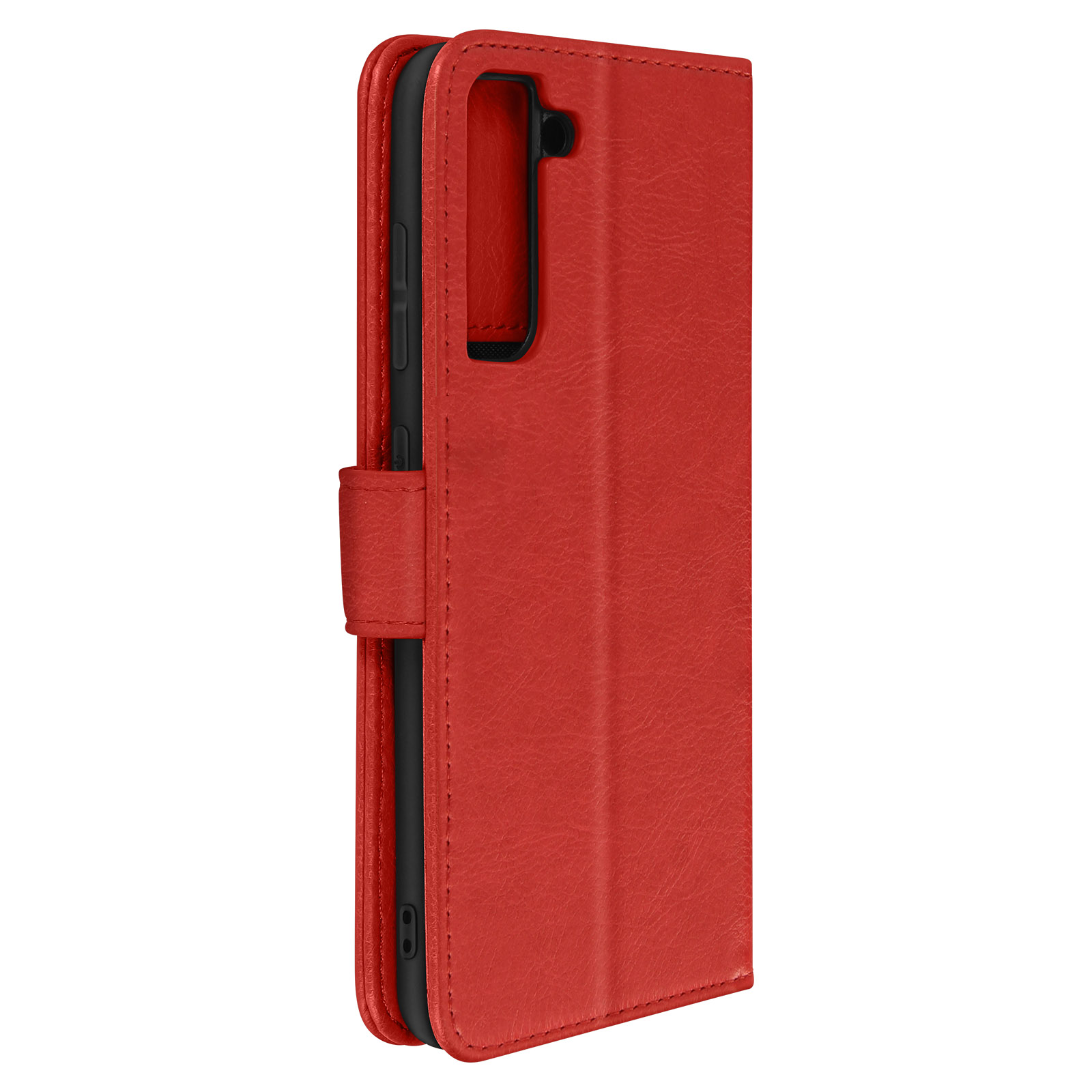 Étui de téléphone rouge, simili cuir, ouvert pour montrer le téléphone, avec fermeture magnétique.