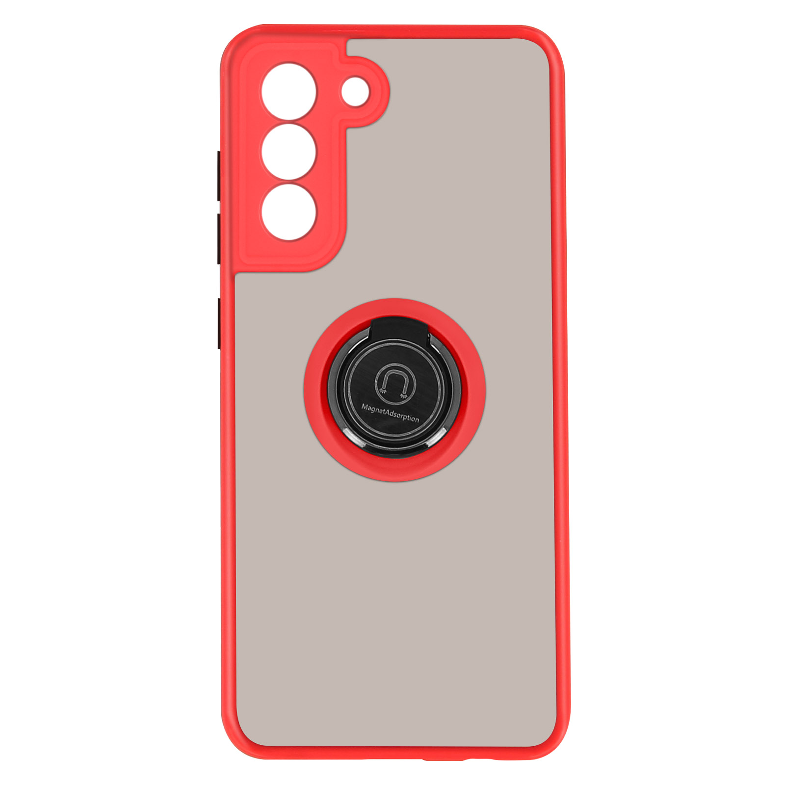 Coque de téléphone à cadre rouge avec dos transparent et support d'anneau.