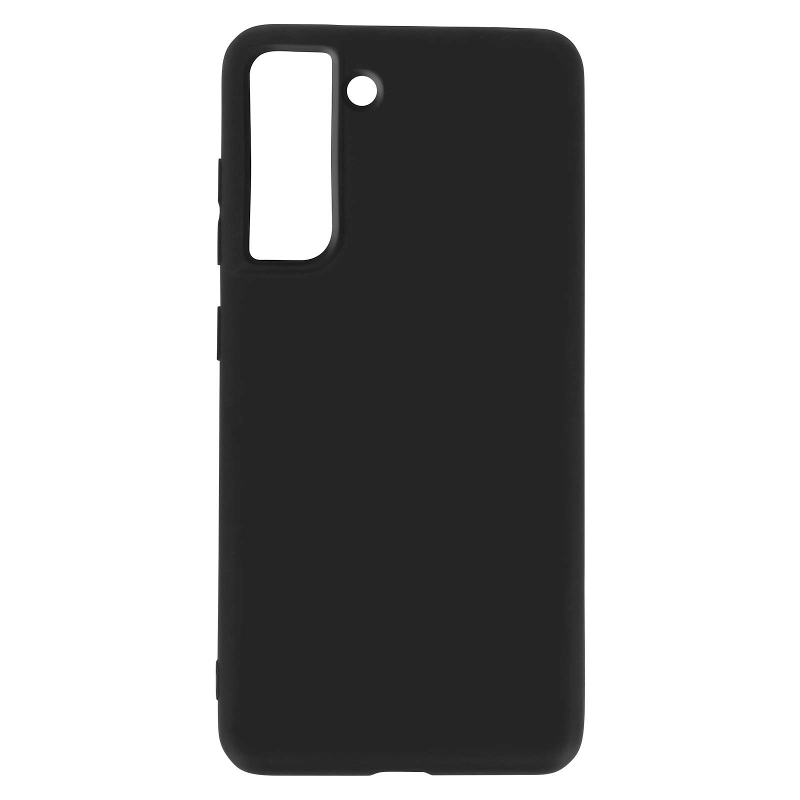Custodia nera per smartphone. La custodia ha un'apertura per la fotocamera e un'apertura per i pulsanti. È semplice.