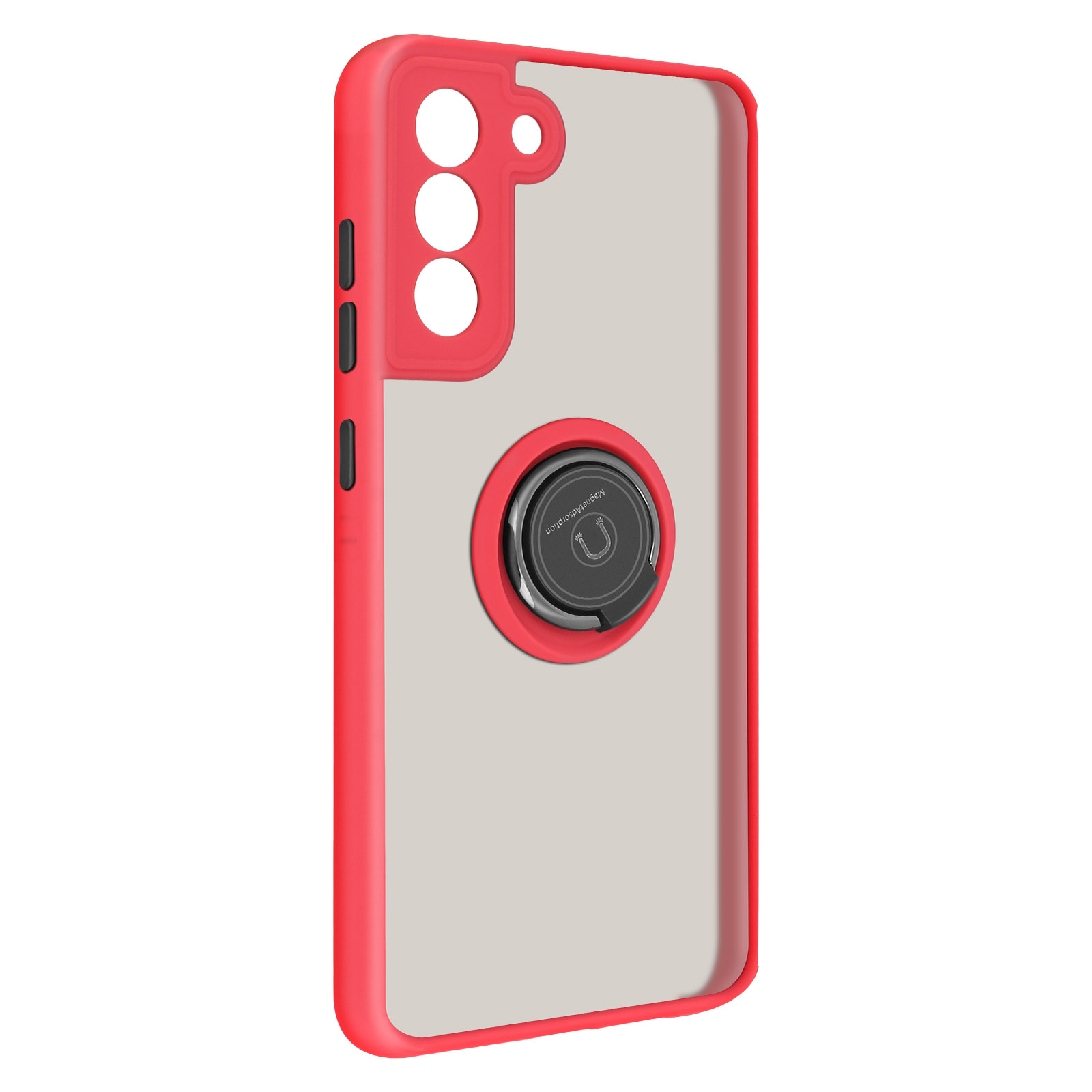 Coque de téléphone rouge avec un support d'anneau, sur fond blanc.
