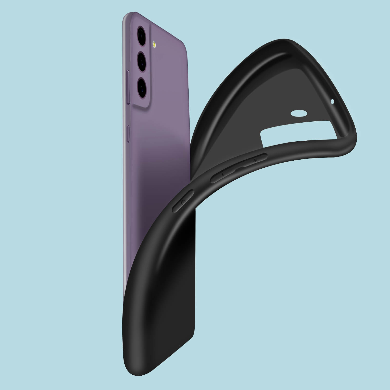 Un telefono viola con una custodia nera. La custodia viene rimossa. Lo sfondo è azzurro.
