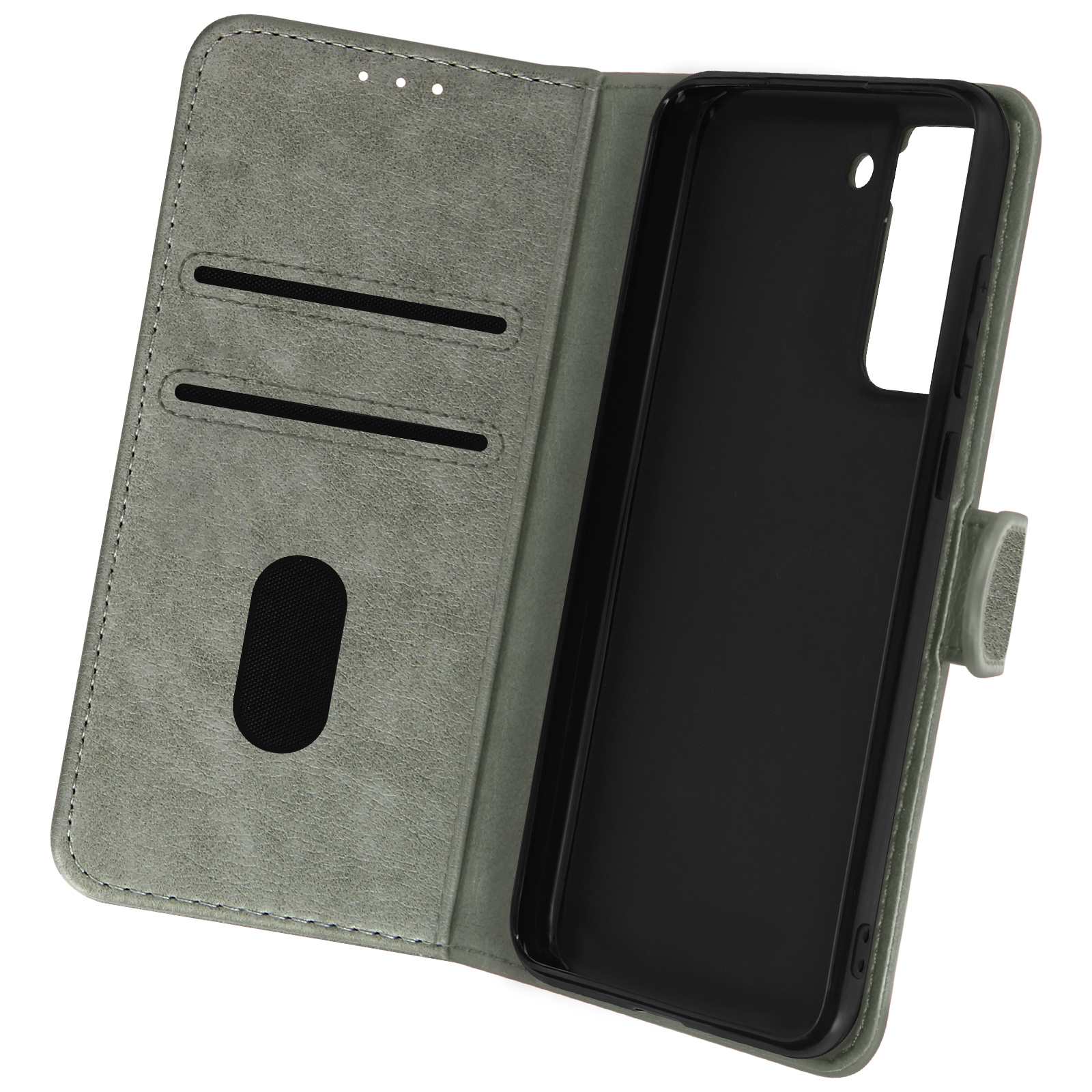 Étui de téléphone gris ouvert. Intérieur : noir, avec fentes pour cartes. Téléphone à l'intérieur. Fond : blanc.