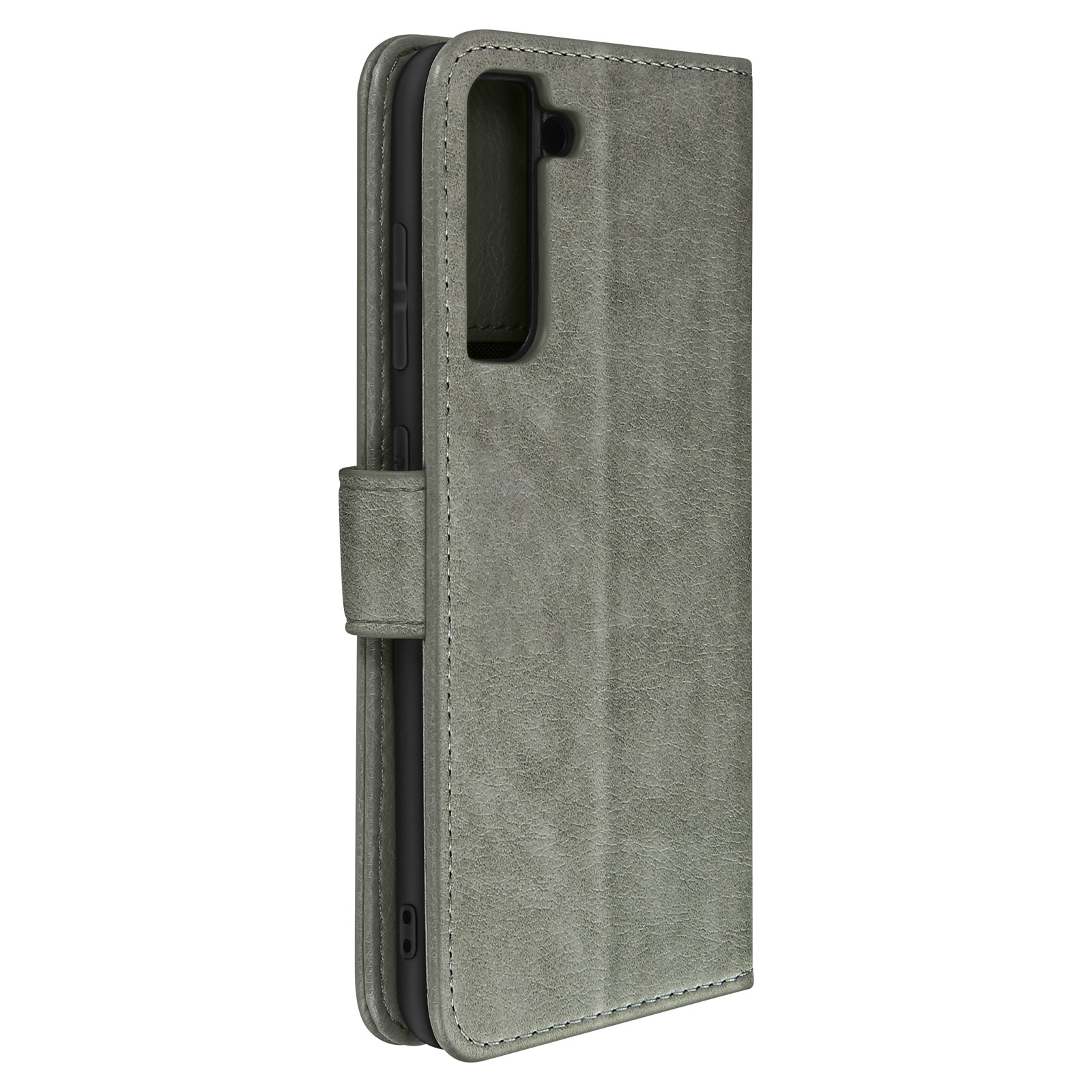 Étui de téléphone gris, simili cuir, ouvert pour montrer le téléphone, avec fermeture magnétique.