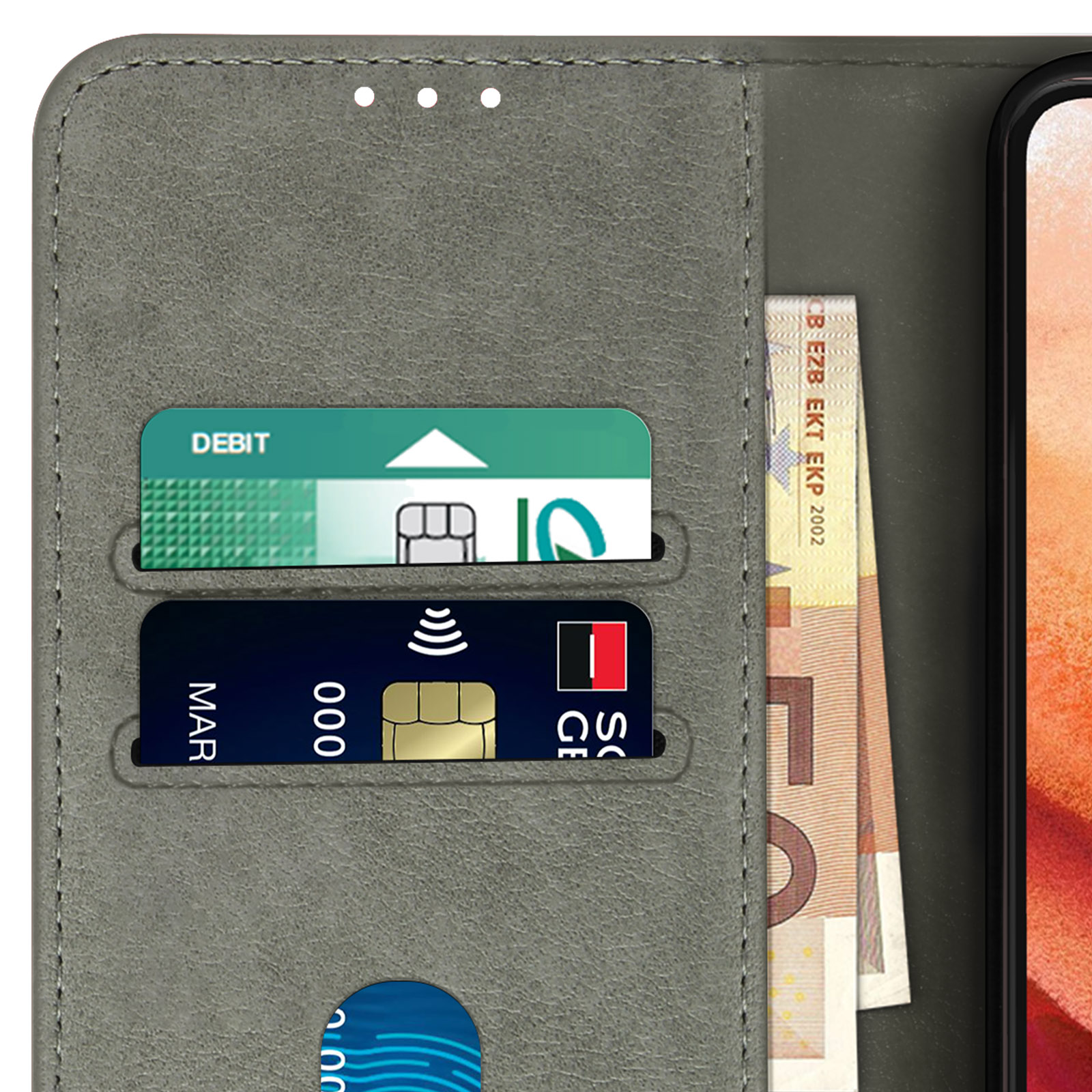 Étui de téléphone gris ouvert, montrant des cartes de crédit et de l'argent liquide. Le mot DEBIT est visible.