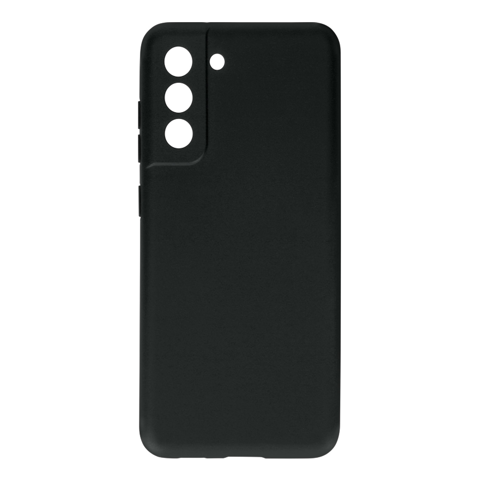 Coque de téléphone noire. Elle a des trous pour l'appareil photo et les boutons. Elle est simple.