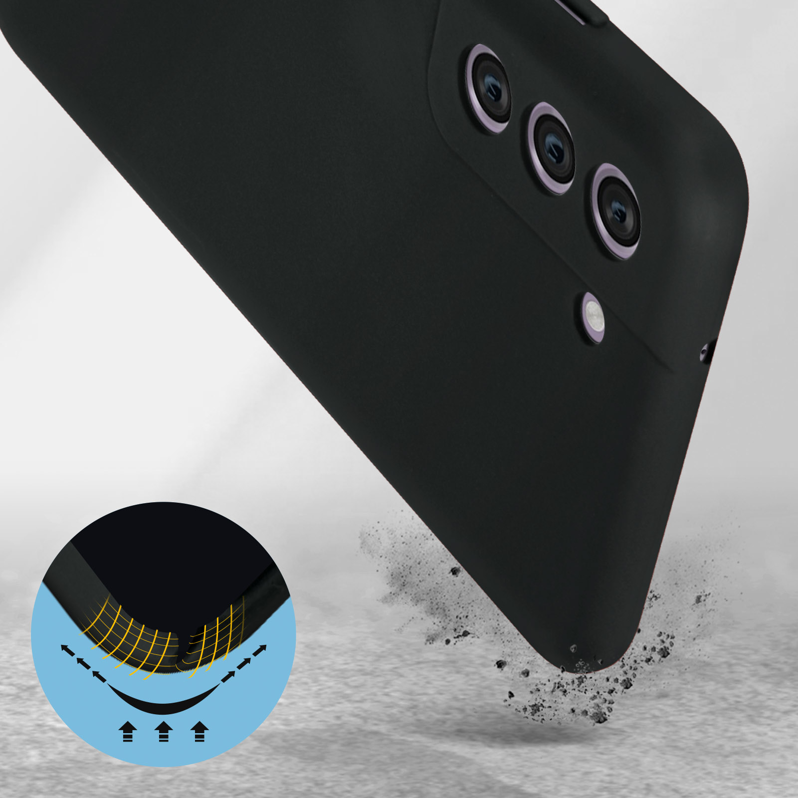 Une coque de téléphone noire avec un gros plan sur l'appareil photo et une zone d'impact circulaire bleue.
