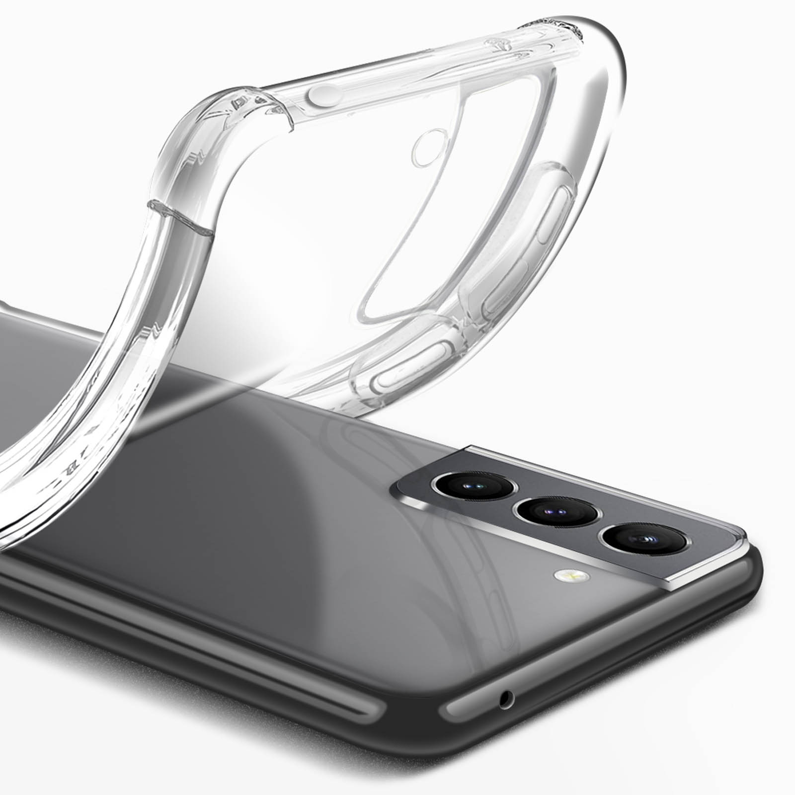 Transparente Handyhülle über grauem Telefonrücken. Die Hülle umrundet das Telefon.