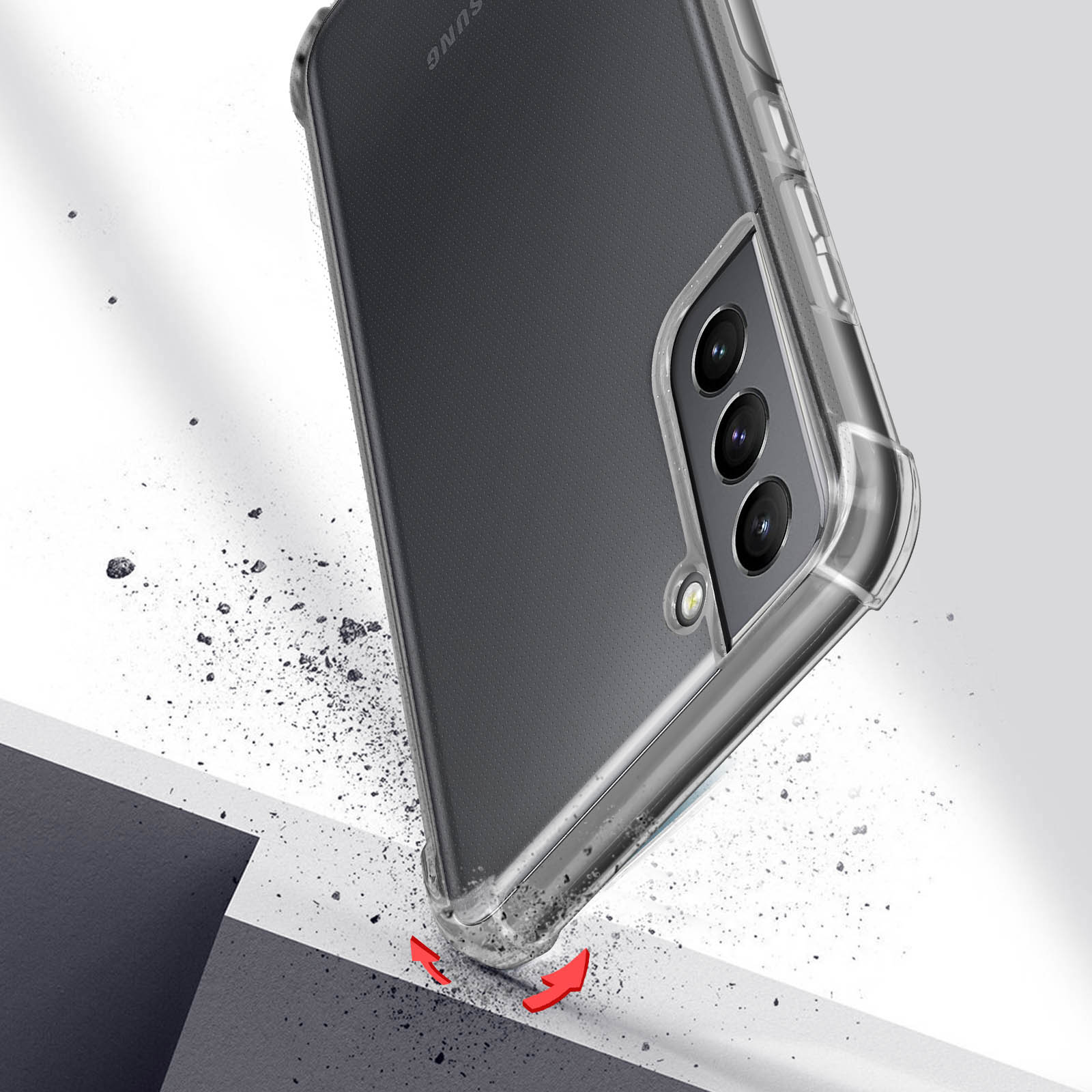 Ein Telefon in einer durchsichtigen Hülle fällt, mit schwarzen und grauen Trümmern. Das Telefon ist abgewinkelt.