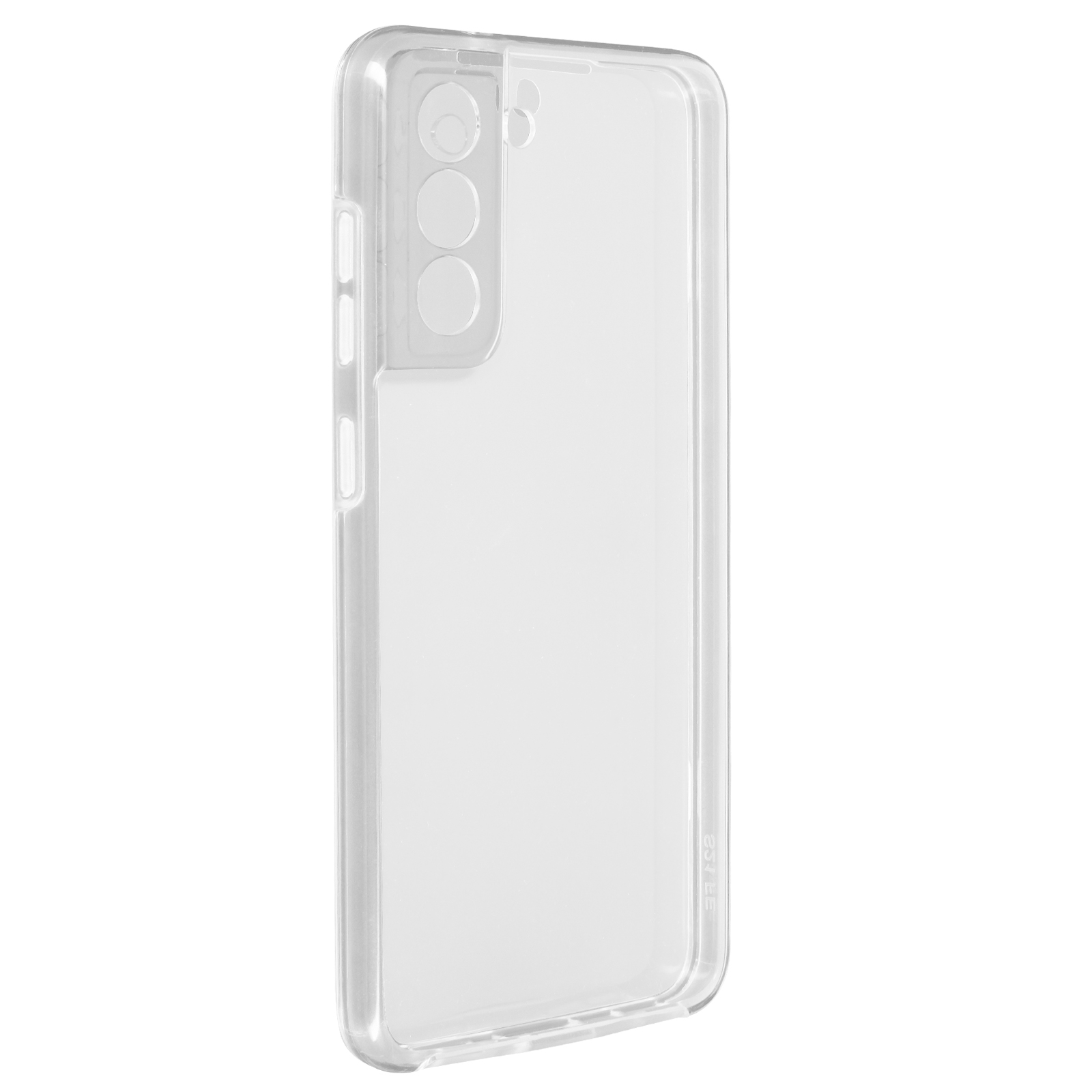 Custodia trasparente per telefono. Fori per tre fotocamere. Pulsanti laterali. Bordi arrotondati. Sfondo bianco.