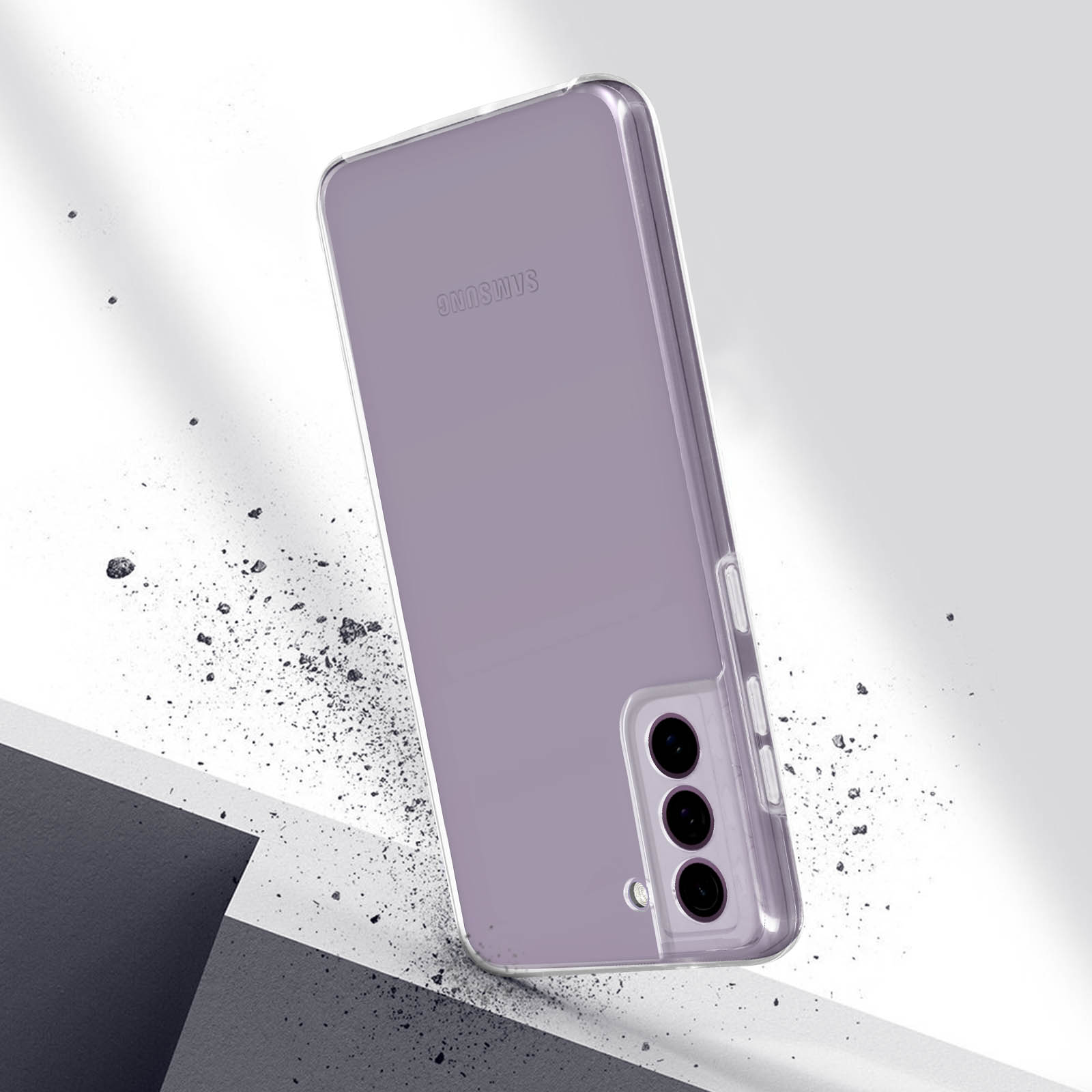Telefono viola in una custodia trasparente, con sfondo sfocato ed effetti splash.