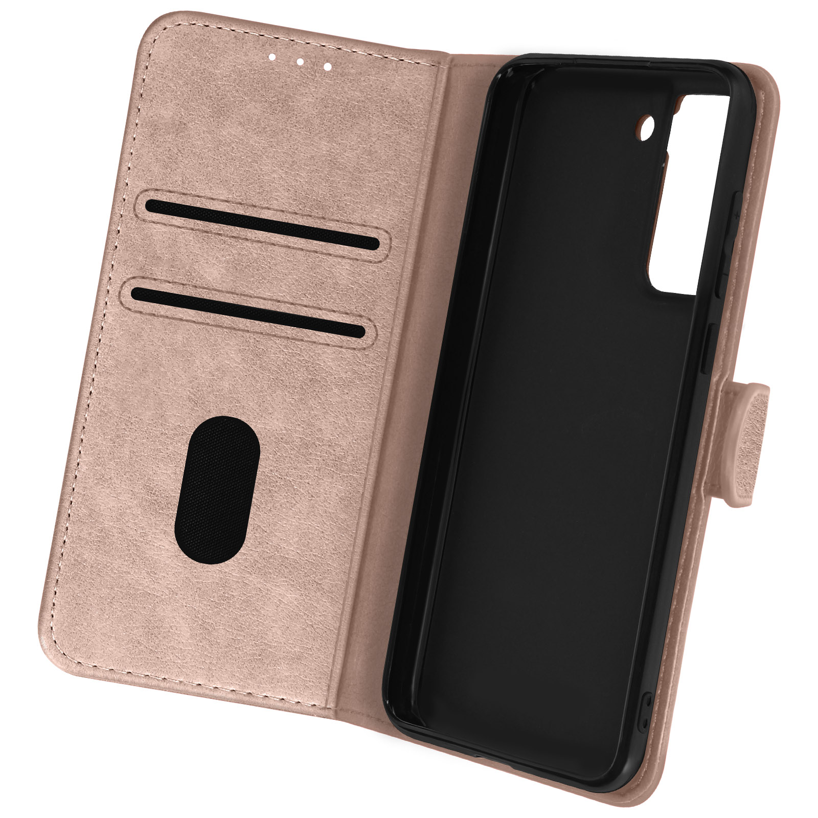 Étui de téléphone rose. L'étui est ouvert, montrant l'intérieur noir du téléphone. Fond blanc.
