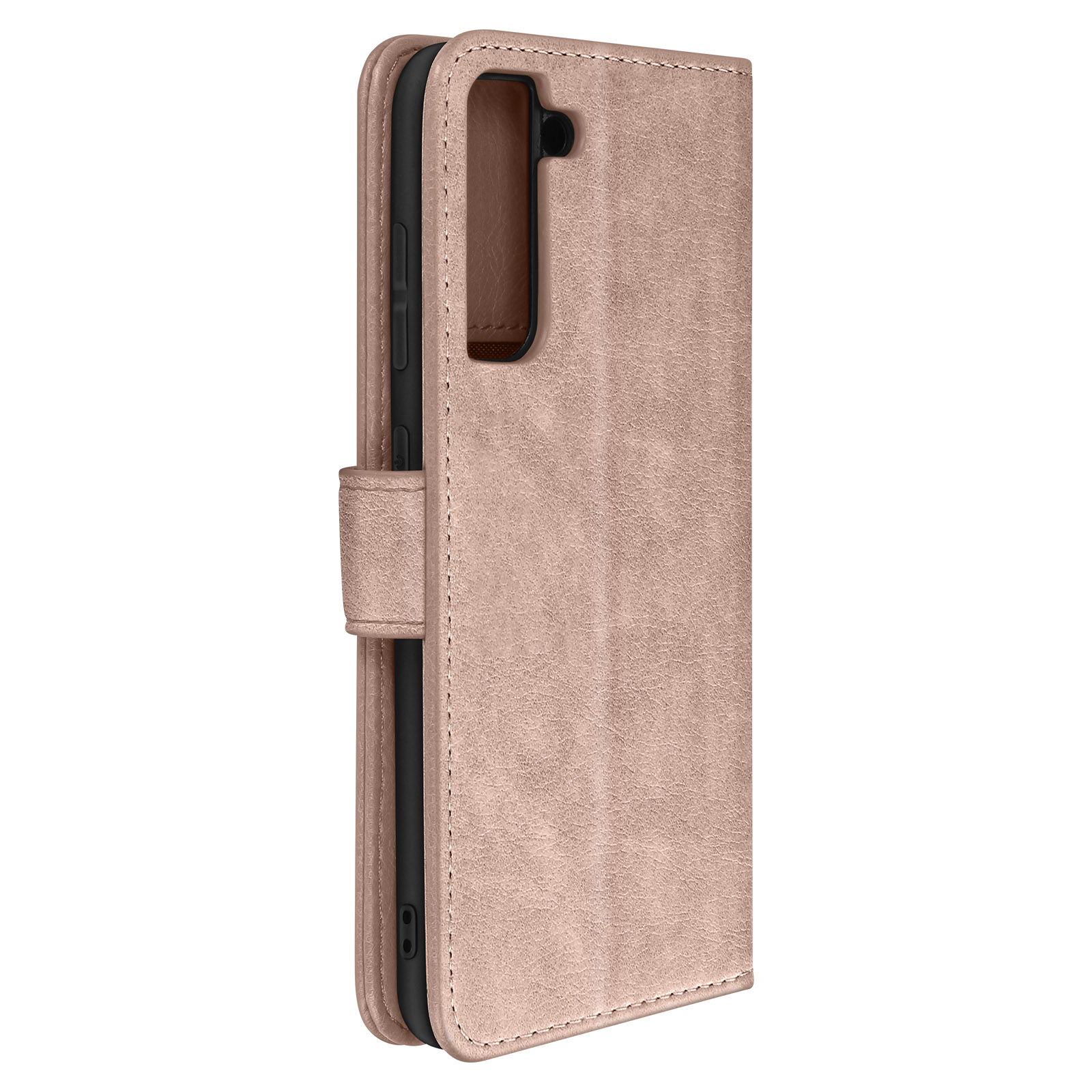 Étui de téléphone rose, fermé. Montre l'avant et le côté avec une fermeture magnétique.