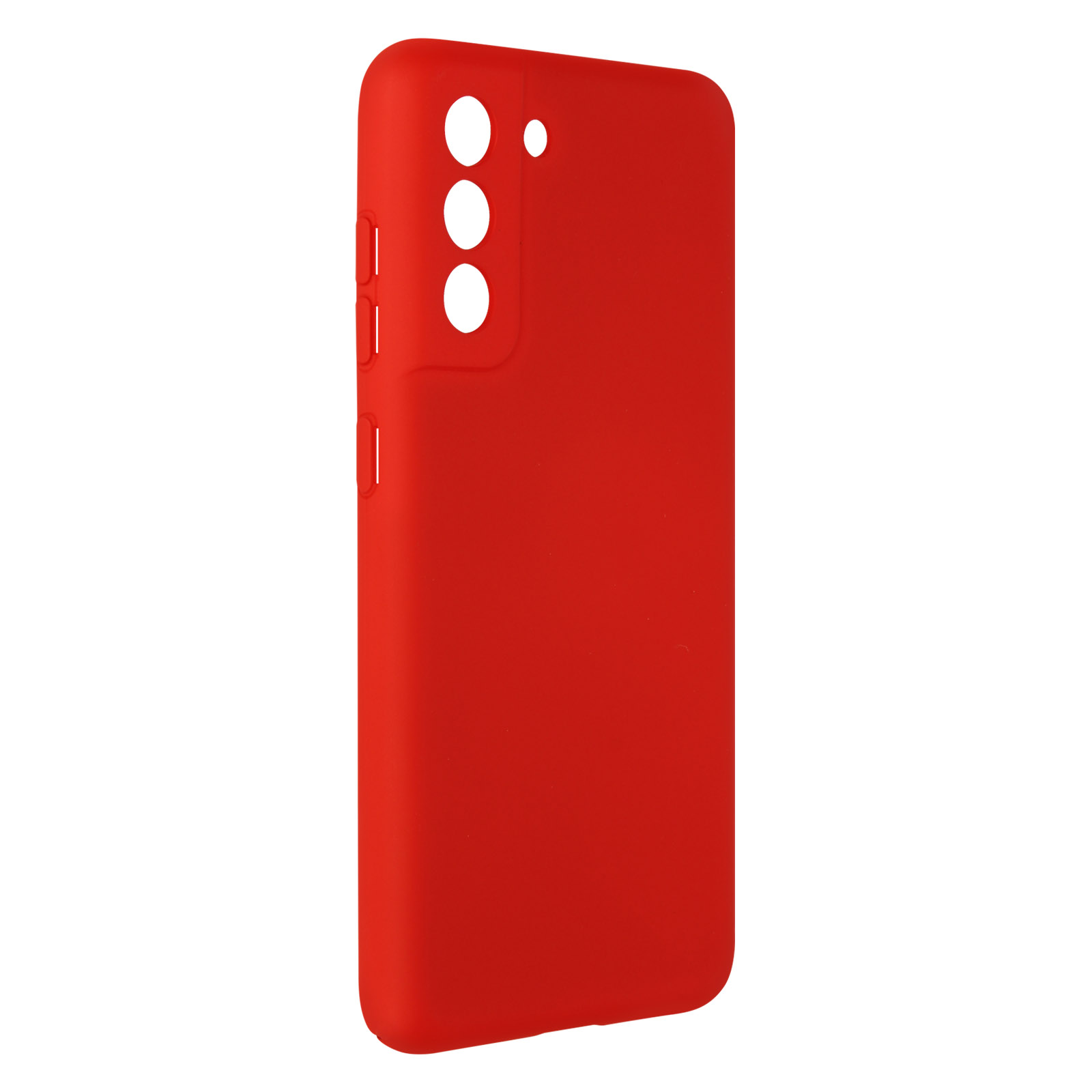 Een rode telefoonhoes met drie knoppen aan de zijkant en een glad oppervlak.