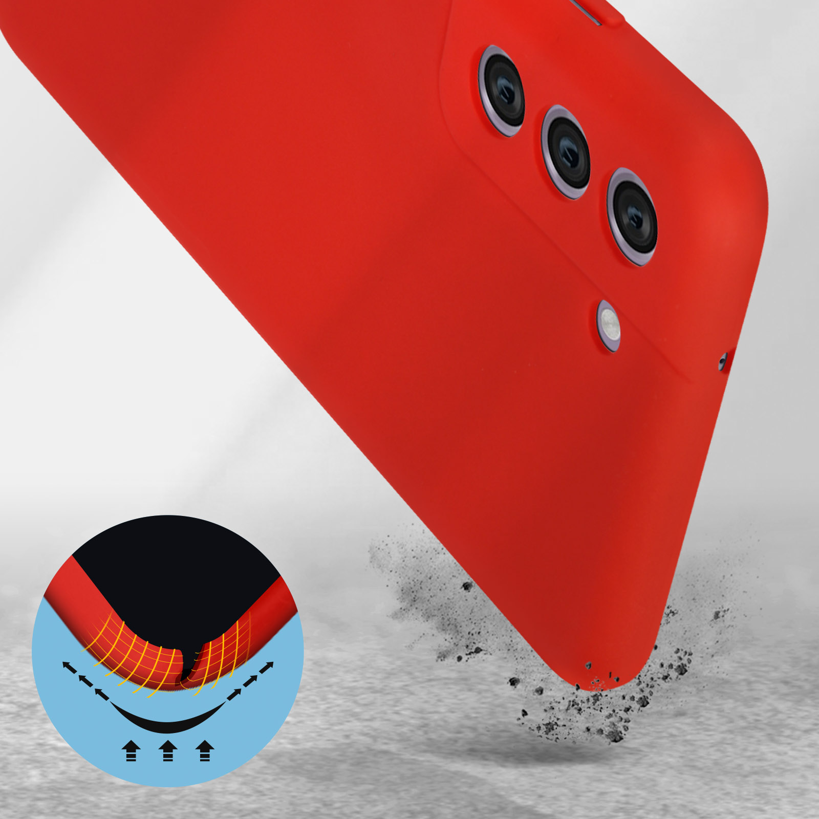 Rode telefoonhoes met een klein diagram dat het ontwerp voor schokabsorptie laat zien.