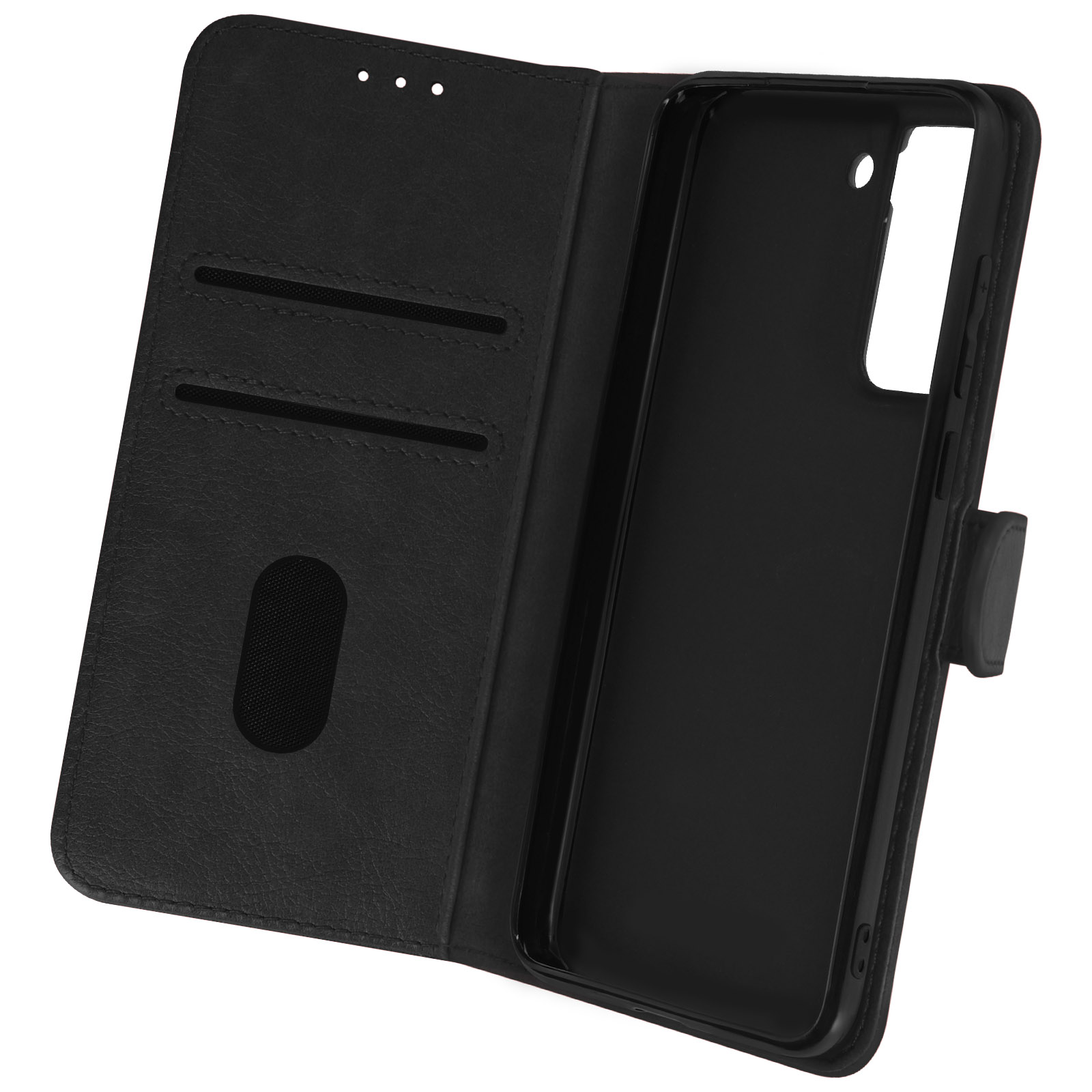Étui de téléphone noir ouvert, montrant l'intérieur. Intérieur avec fentes pour cartes et support.