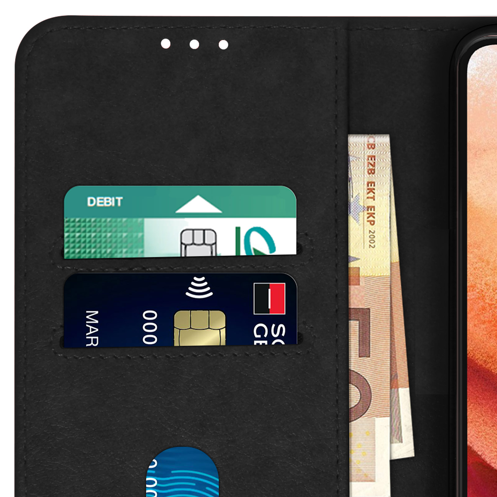 Coque de téléphone avec cartes de débit et de crédit, et quelques billets en euros. La coque est noire.