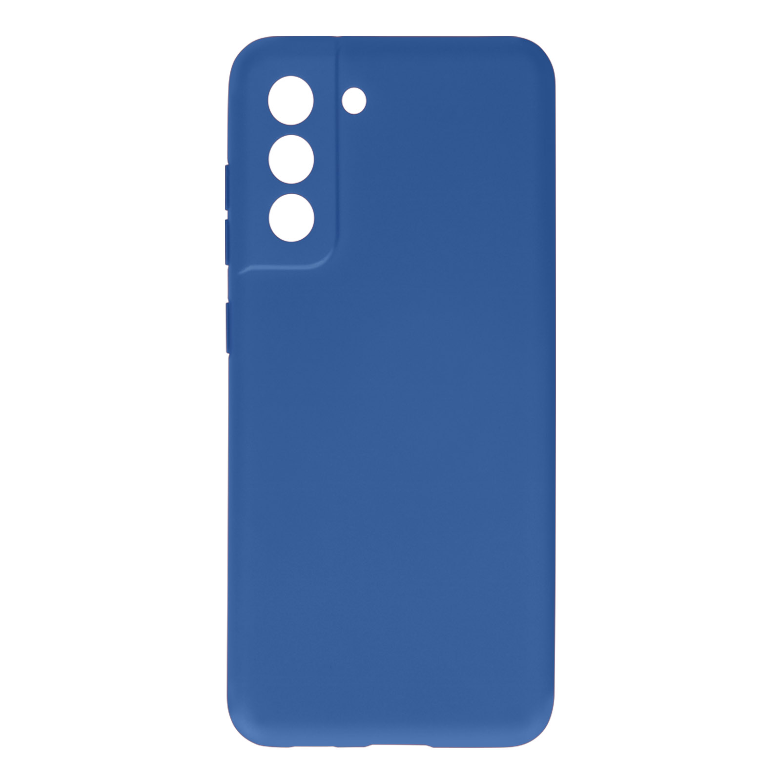 Un étui de téléphone bleu avec trois trous pour caméra et trois boutons latéraux. L'étui est lisse et solide.
