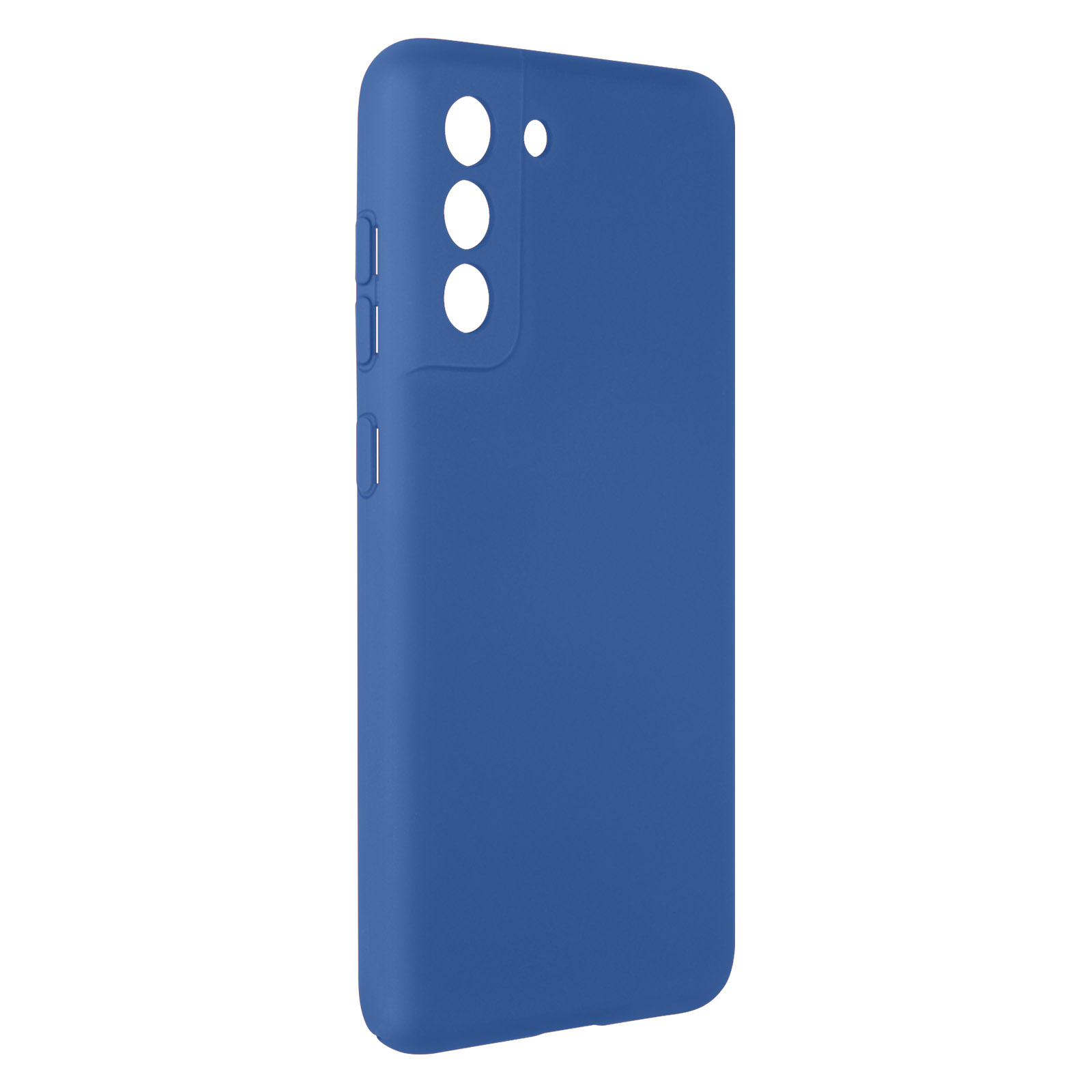 Blauwe telefoonhoes. Zijknoppen en camera-uitsparingen zichtbaar. Effen kleur, glad oppervlak.