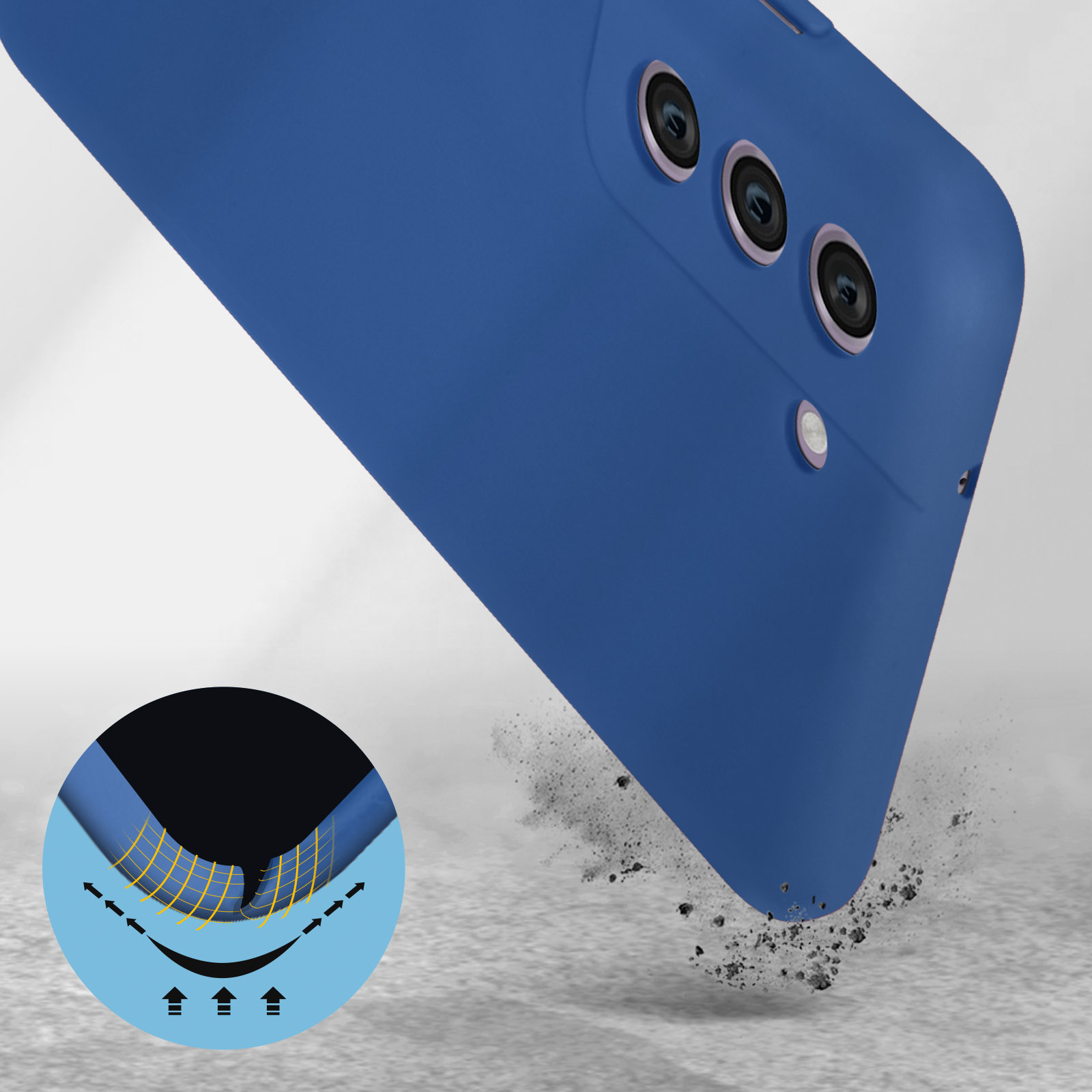 Coque de téléphone bleue avec trois découpes caméra et un graphique d'impact.
