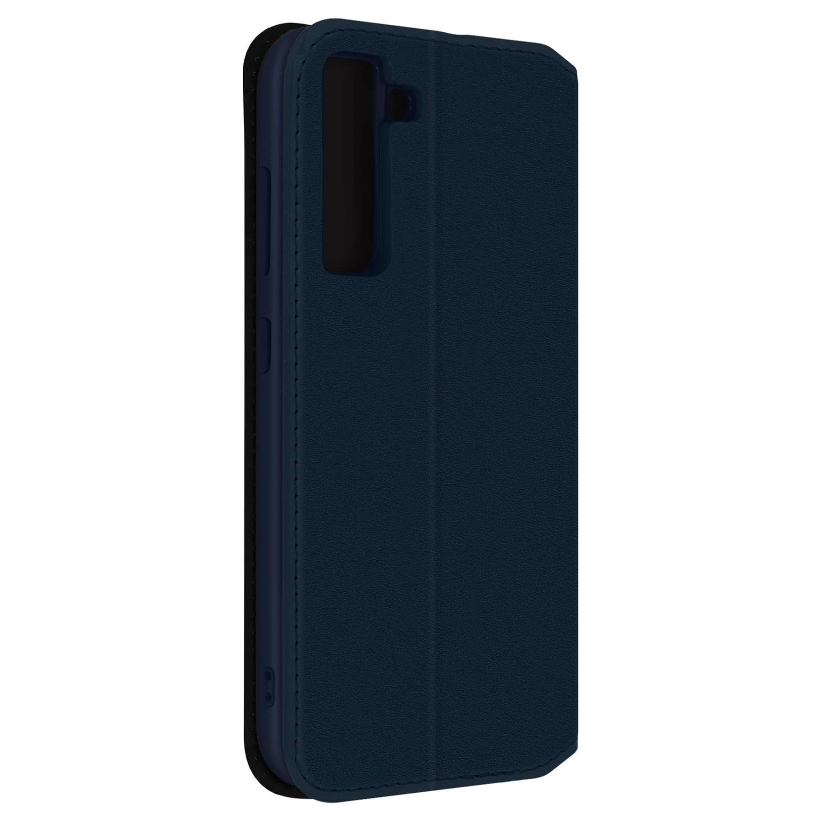 Een marineblauwe telefoonhoes met een zwart interieur, geïsoleerd op wit.