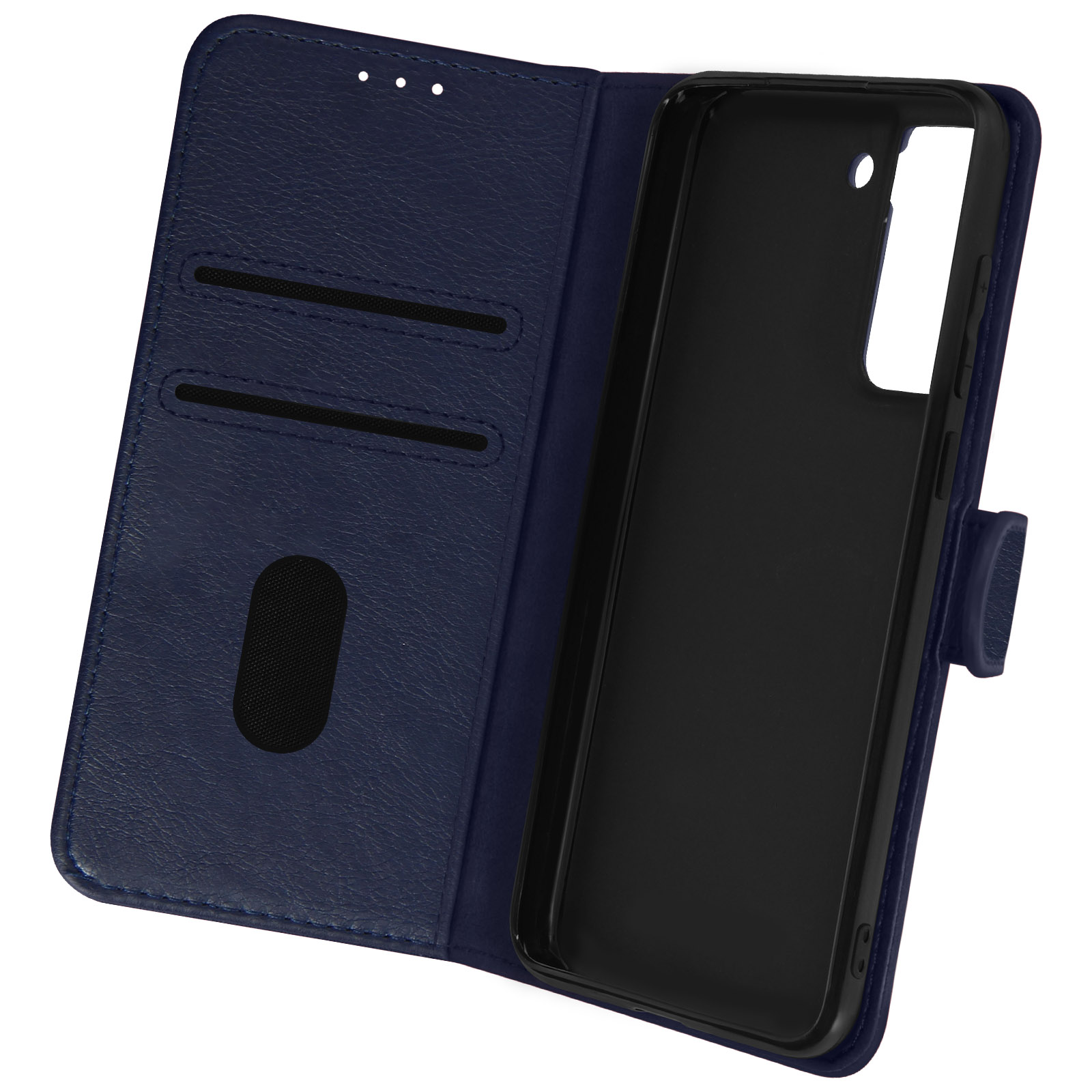 Étui de téléphone ouvert avec extérieur bleu foncé et intérieur noir, montrant la fente.