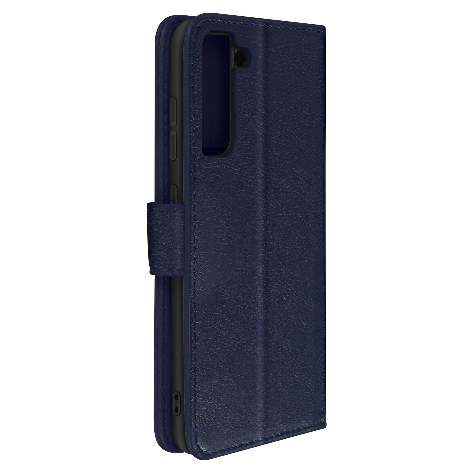 Étui de téléphone en cuir bleu, fermé, avec un téléphone noir à l'intérieur. Vue latérale.