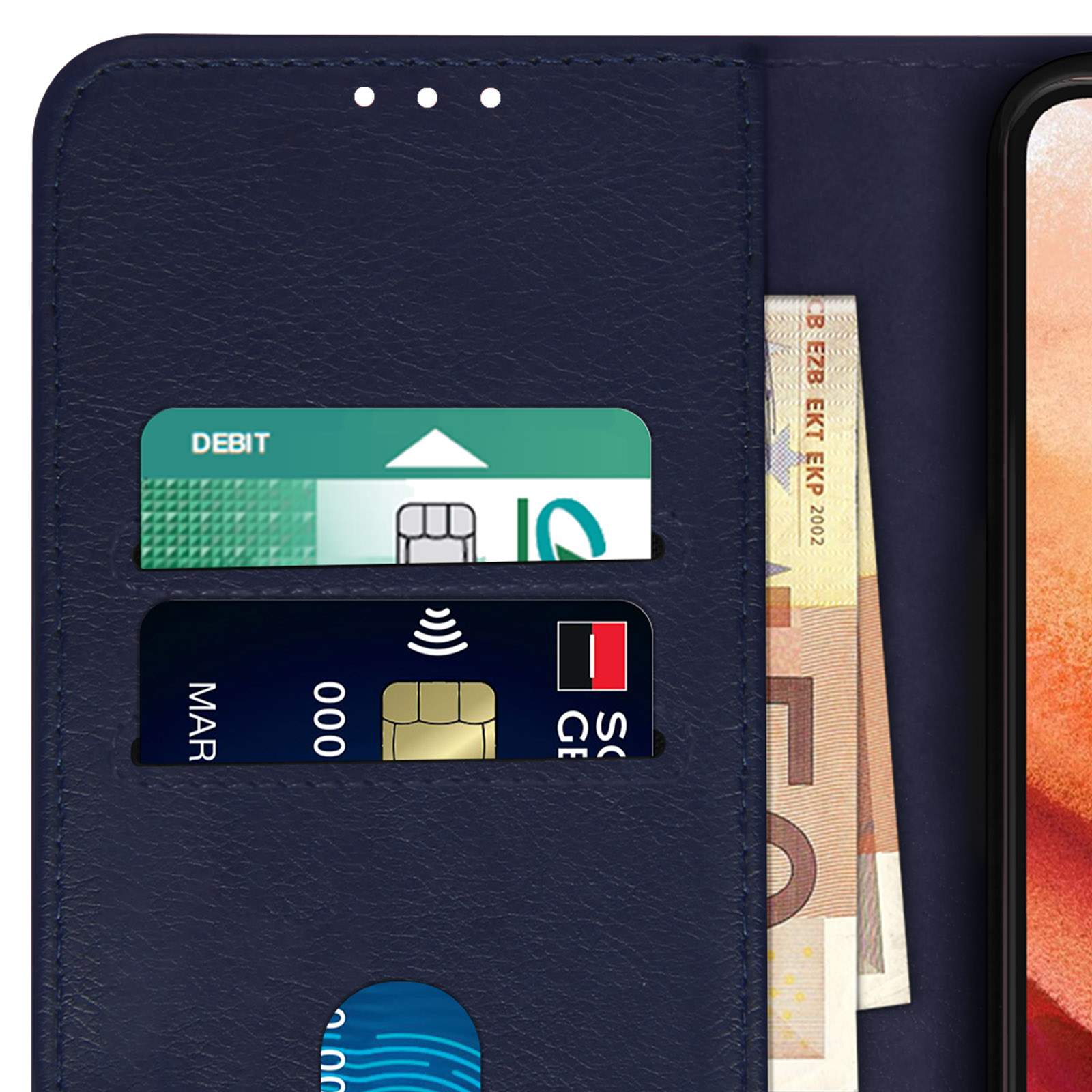 Un portefeuille en cuir bleu contenant une carte de débit, une carte de crédit et des billets en euros.