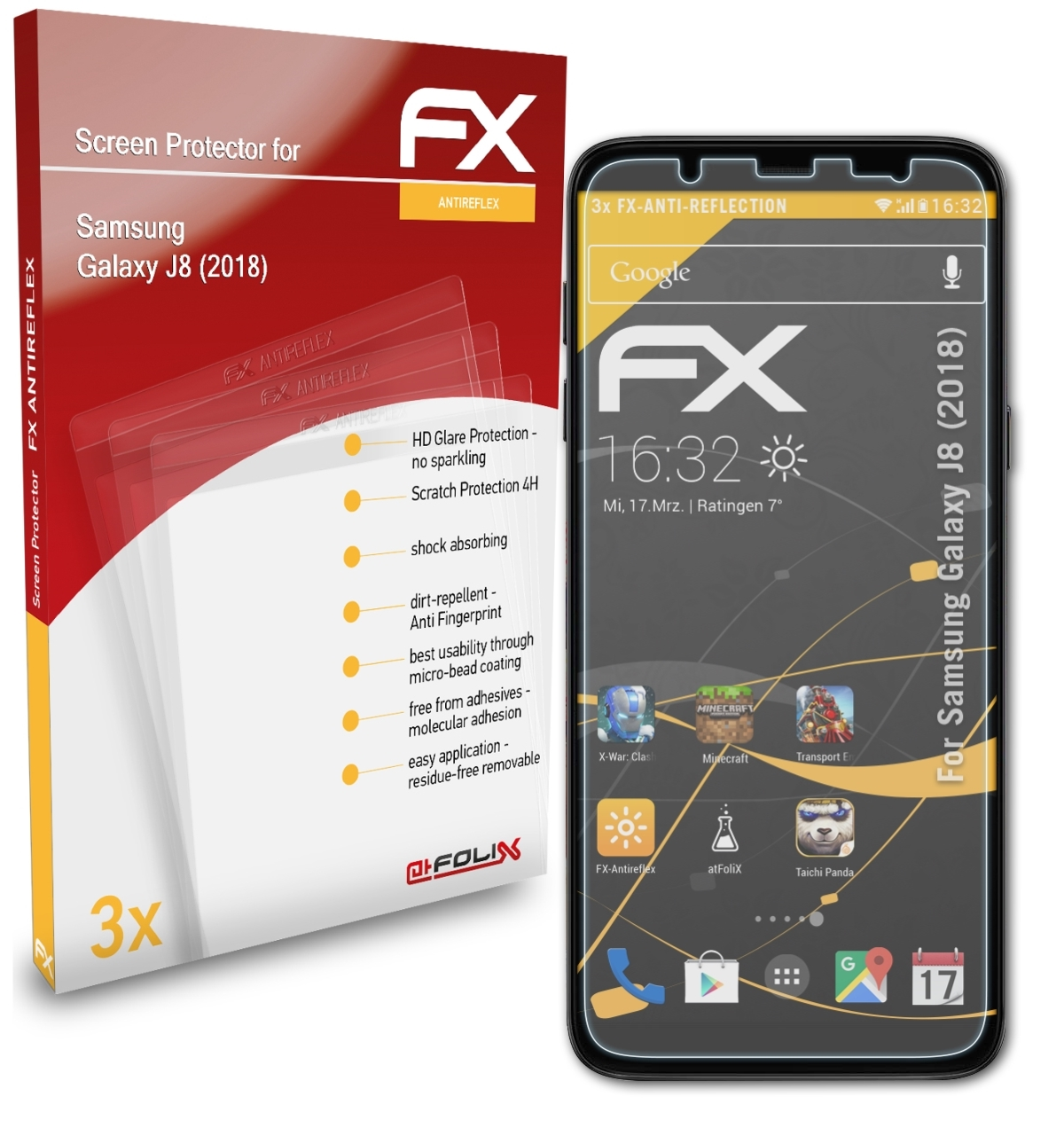 ATFOLIX 3x FX-Antireflex Displayschutz(für Samsung (2018)) Galaxy J8