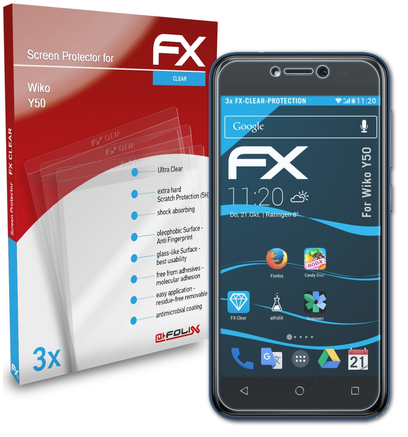 ATFOLIX 3x Displayschutz(für FX-Clear Wiko Y50)