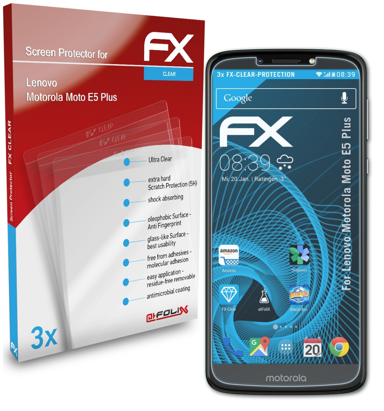 ATFOLIX 3x FX-Clear Motorola Lenovo Displayschutz(für Plus) Moto E5