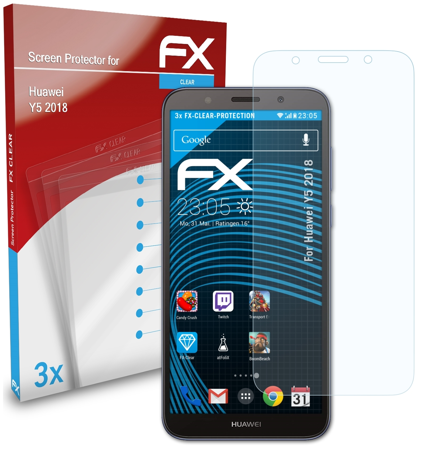 ATFOLIX 3x FX-Clear 2018) Displayschutz(für Y5 Huawei