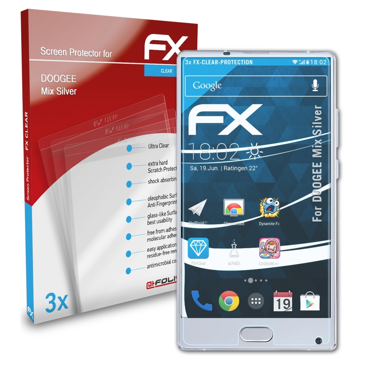 3x Displayschutz(für Mix Silver) ATFOLIX Doogee FX-Clear