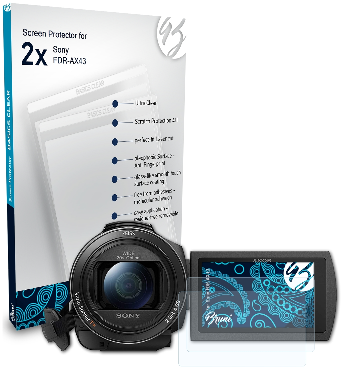 BRUNI 2x Basics-Clear Schutzfolie(für Sony FDR-AX43)