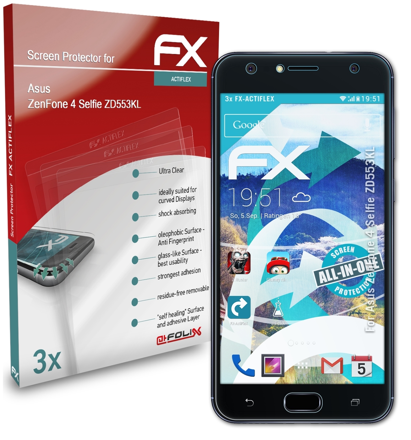 ATFOLIX 3x FX-ActiFleX ZenFone Asus (ZD553KL)) Selfie 4 Displayschutz(für