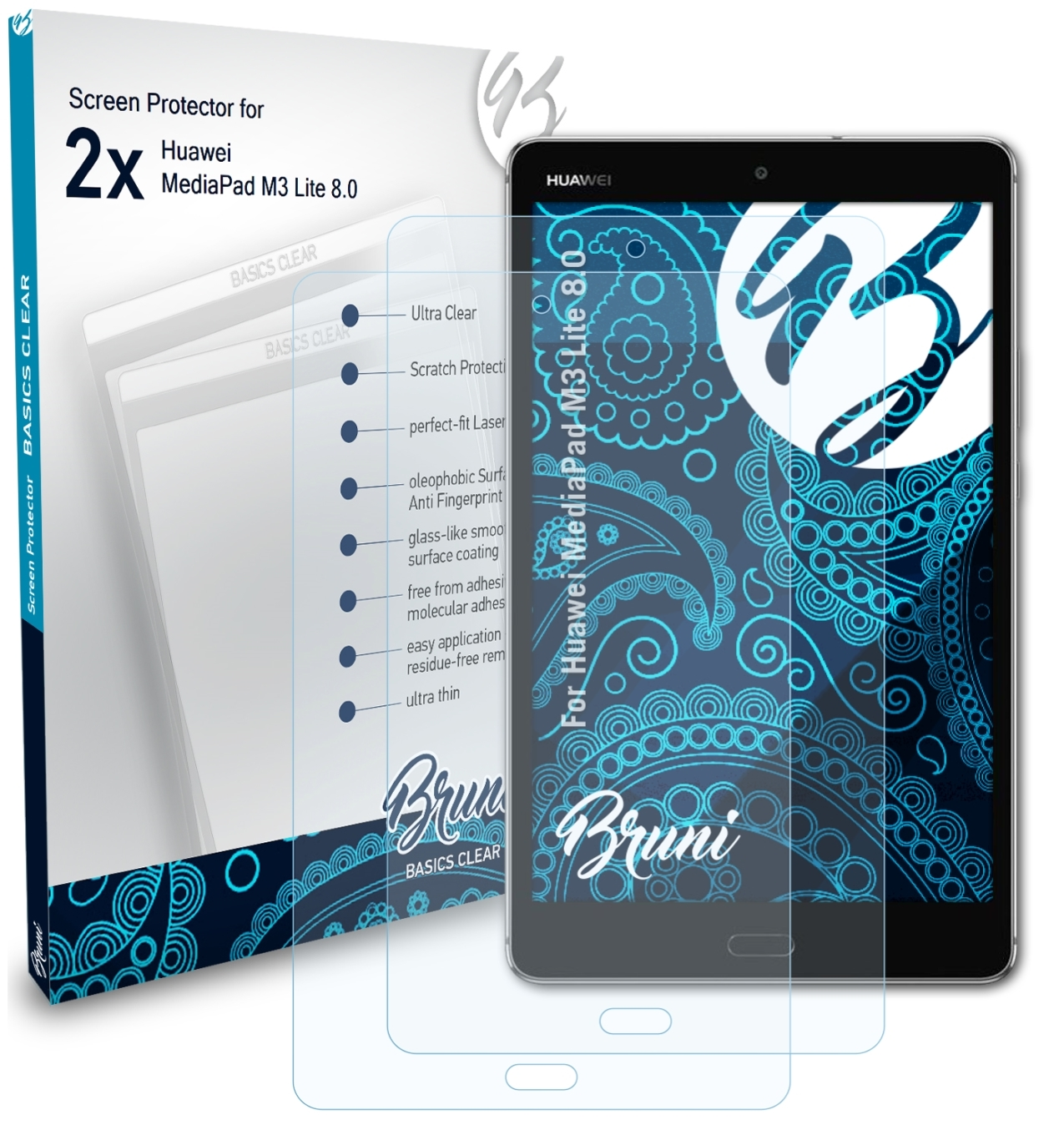 8.0) BRUNI 2x Huawei Basics-Clear MediaPad M3 Lite Schutzfolie(für