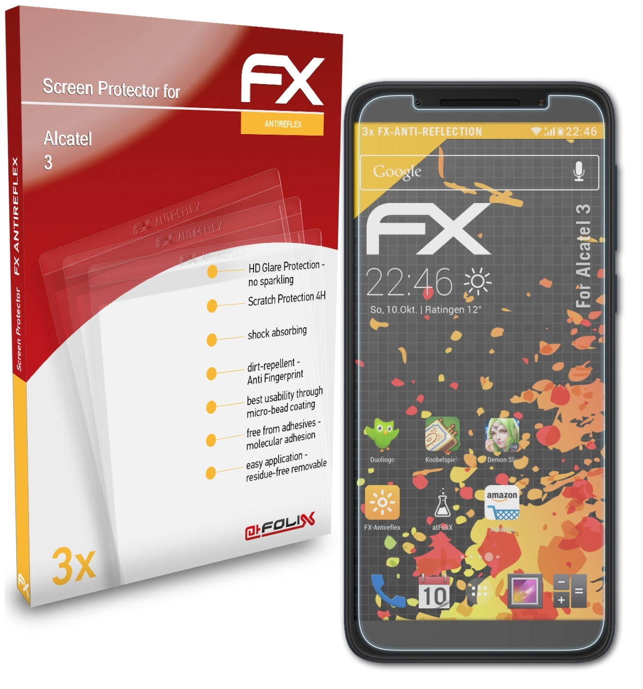 3x 3) Alcatel FX-Antireflex ATFOLIX Displayschutz(für