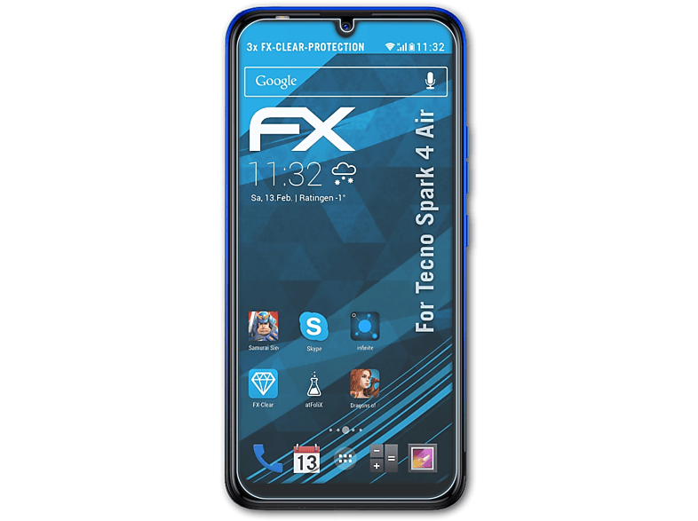 ATFOLIX 3x FX-Clear Displayschutz(für Tecno Spark 4 Air)