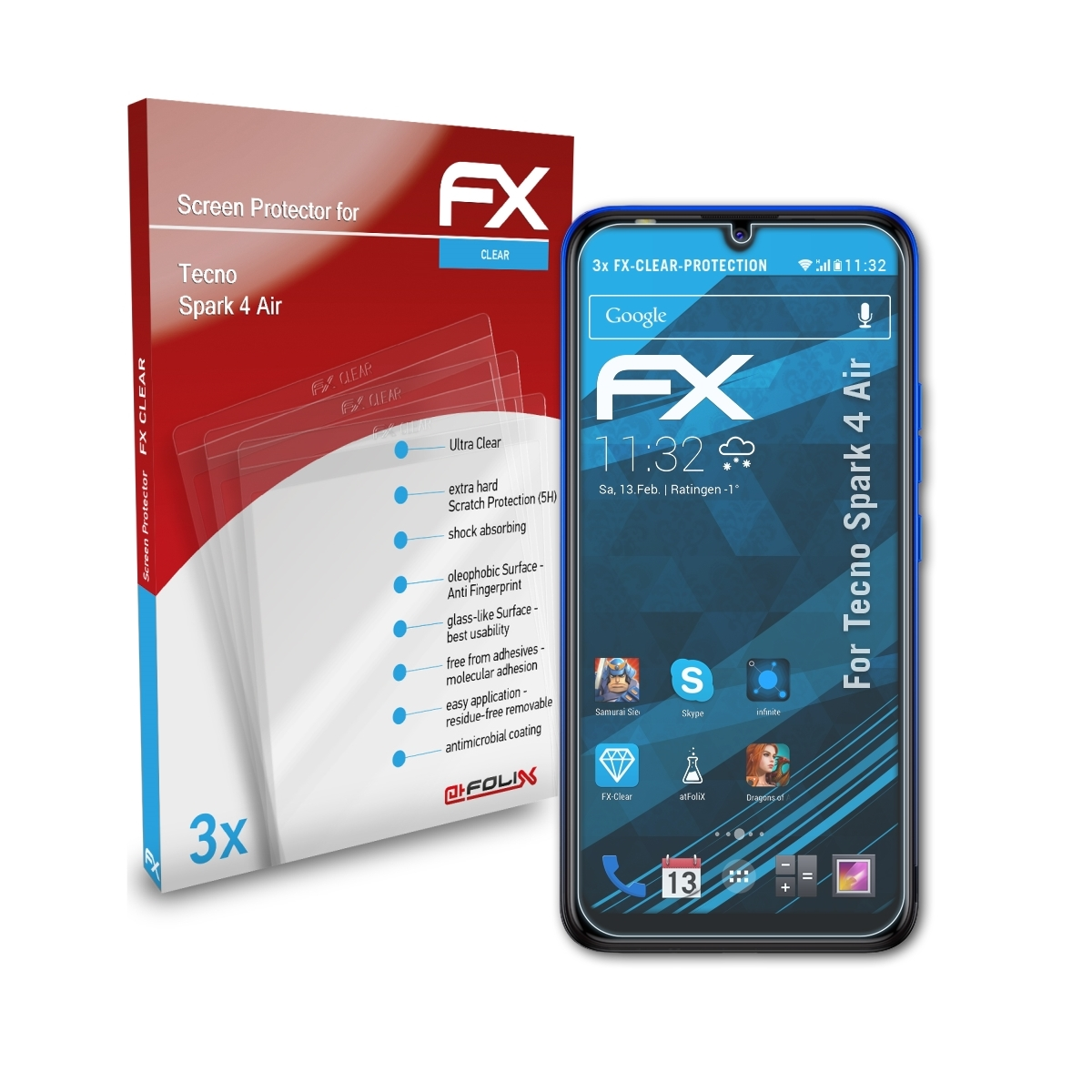 3x Displayschutz(für ATFOLIX Spark Air) Tecno 4 FX-Clear