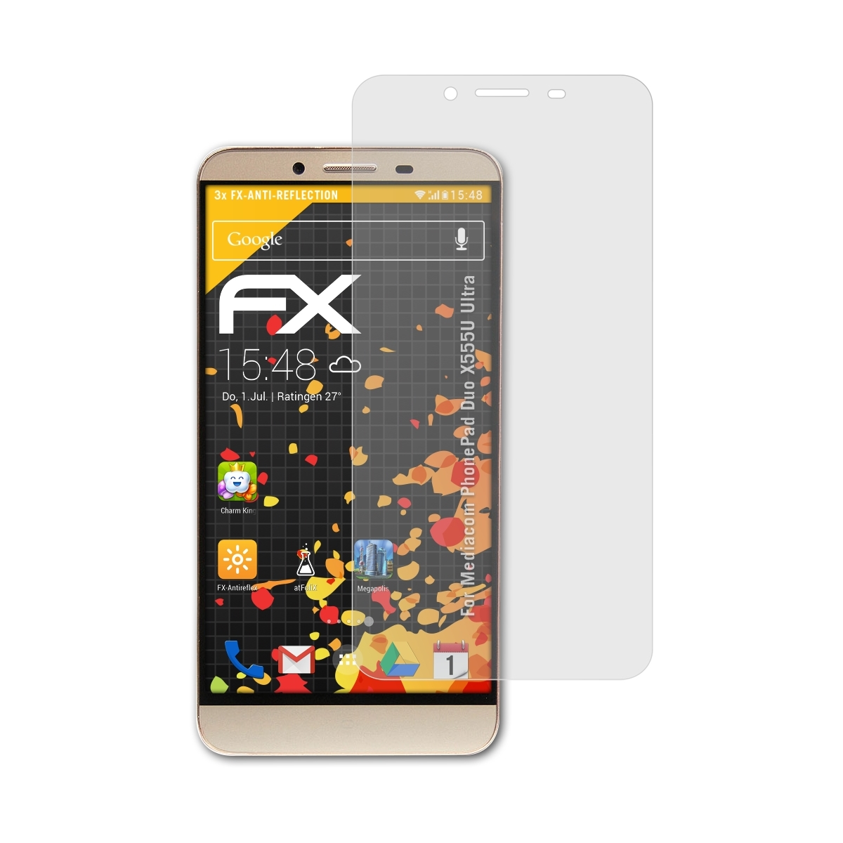 ATFOLIX 3x FX-Antireflex Displayschutz(für Mediacom PhonePad Duo X555U Ultra)