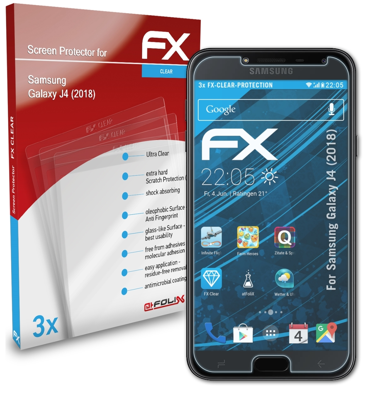 ATFOLIX 3x FX-Clear Displayschutz(für Samsung J4 (2018)) Galaxy