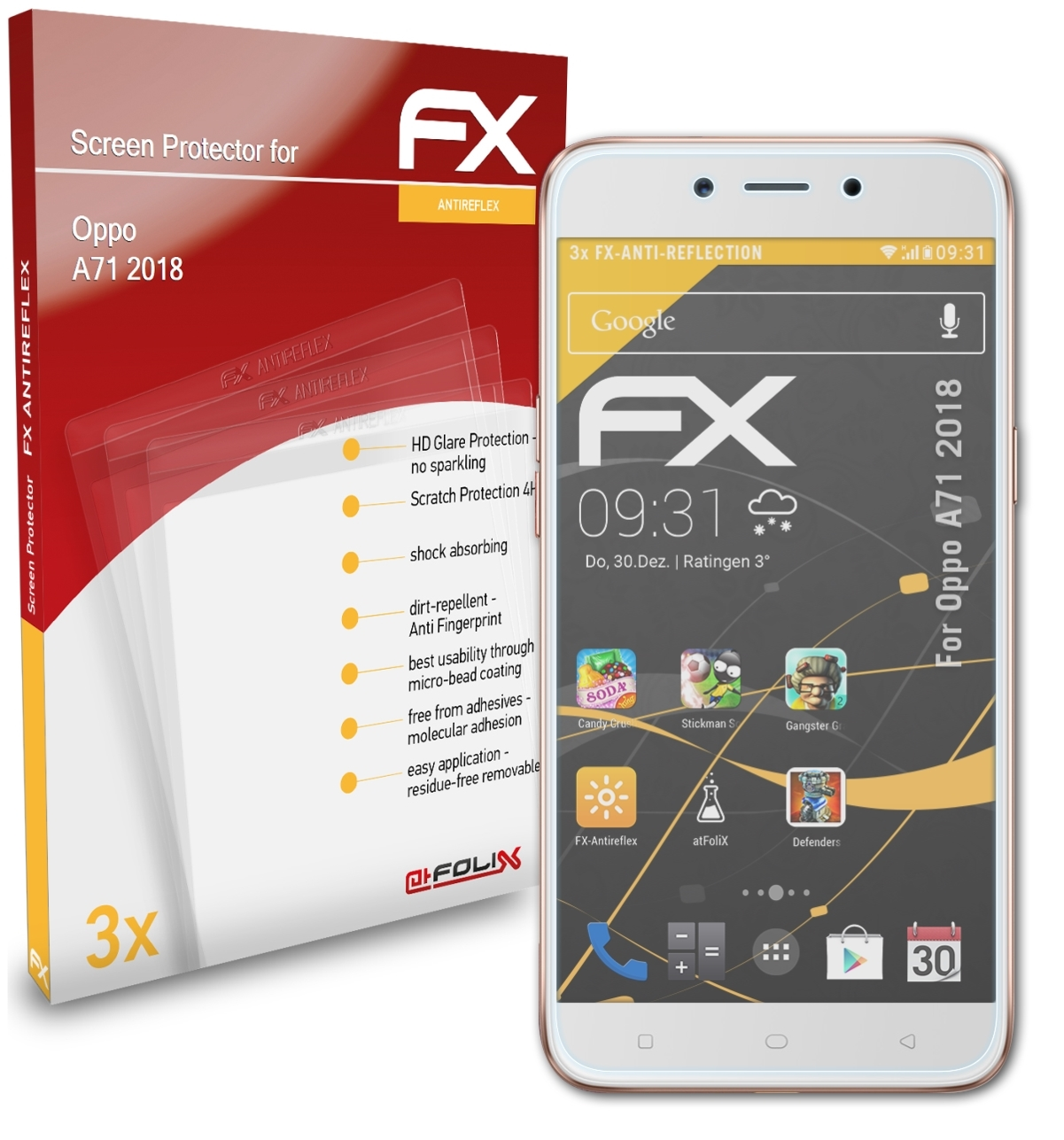 Oppo 3x Displayschutz(für (2018)) A71 FX-Antireflex ATFOLIX
