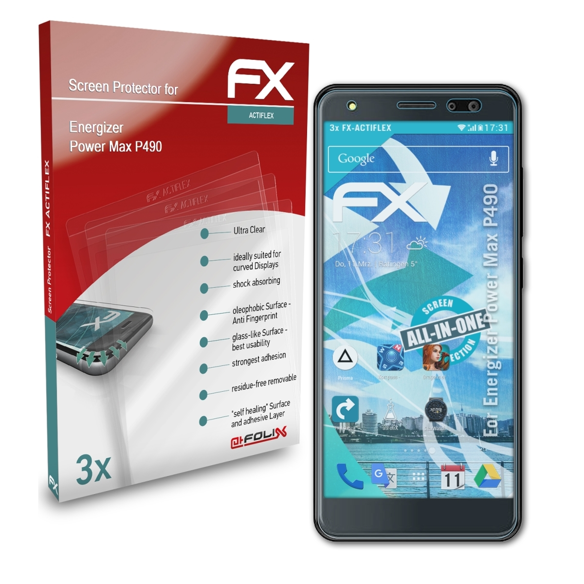 Max Energizer ATFOLIX Power 3x P490) FX-ActiFleX Displayschutz(für