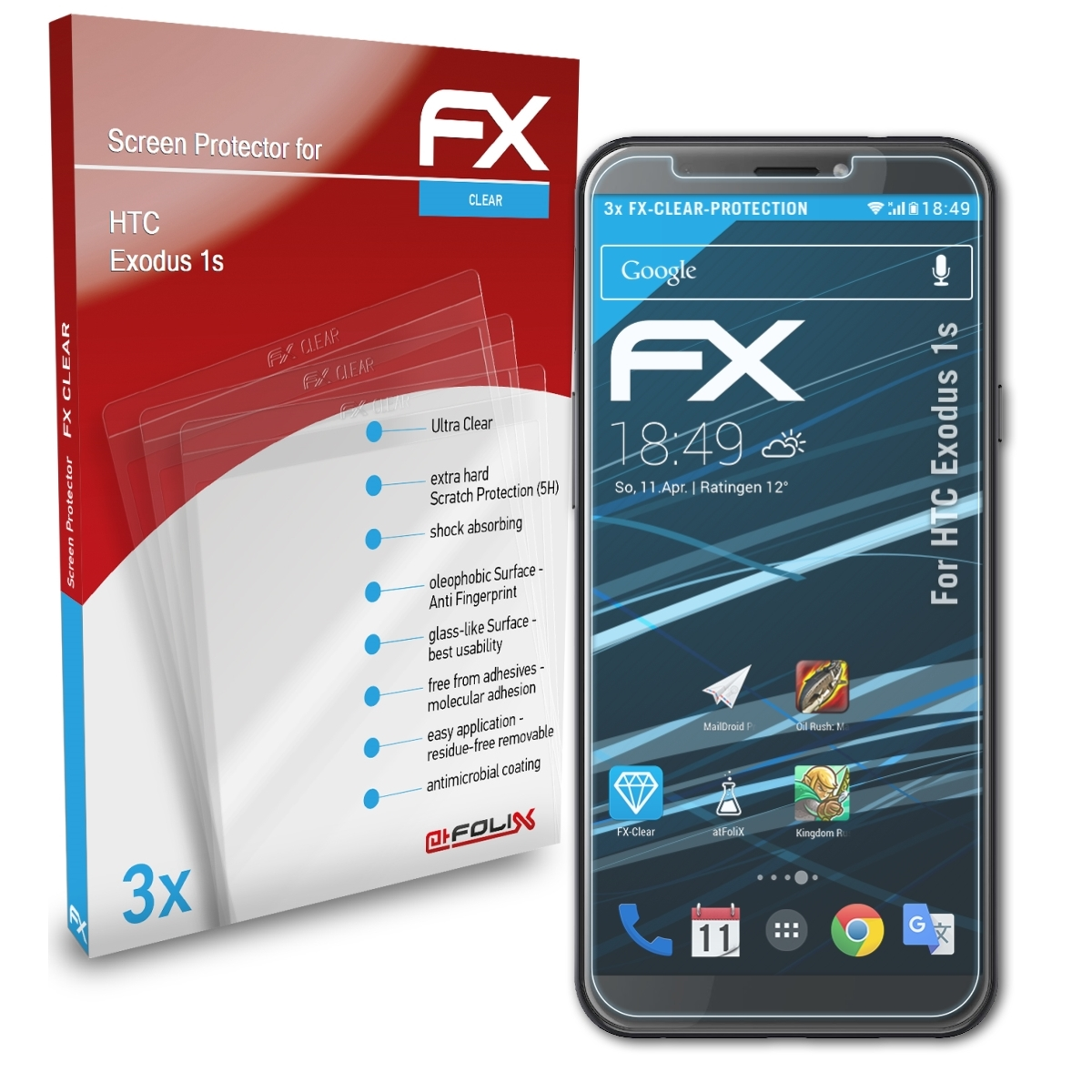 ATFOLIX 1s) 3x FX-Clear Exodus HTC Displayschutz(für