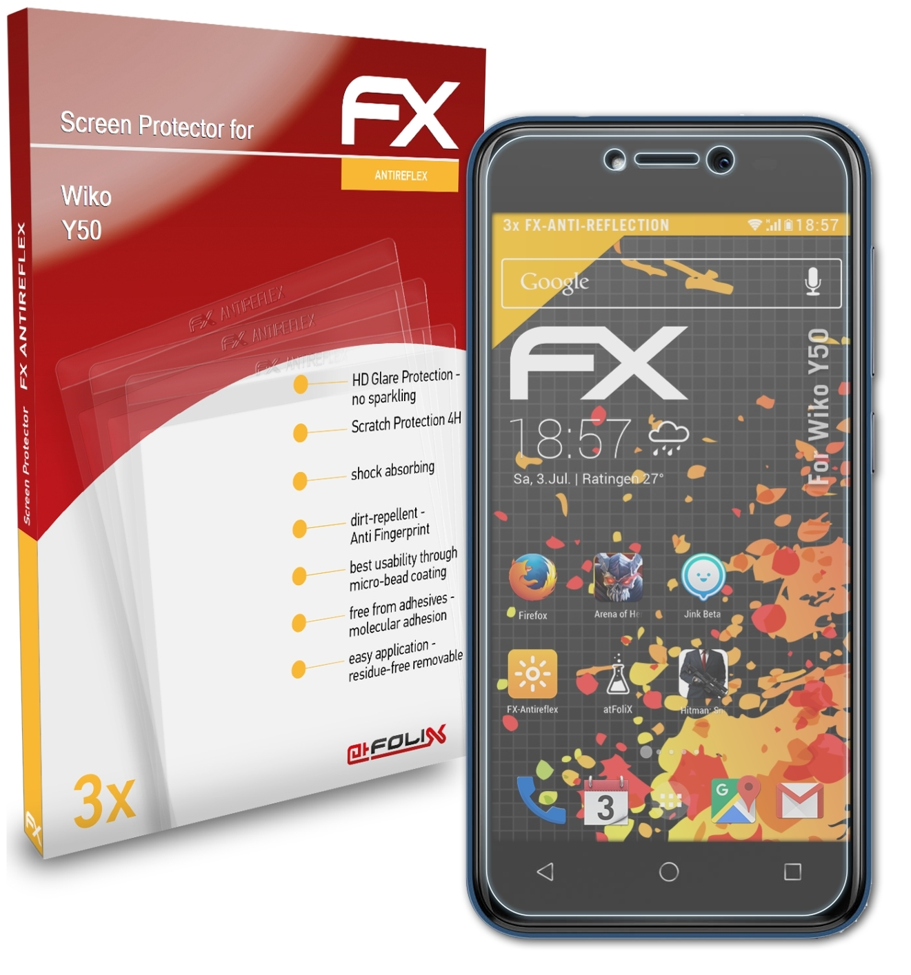 ATFOLIX 3x Wiko Y50) Displayschutz(für FX-Antireflex