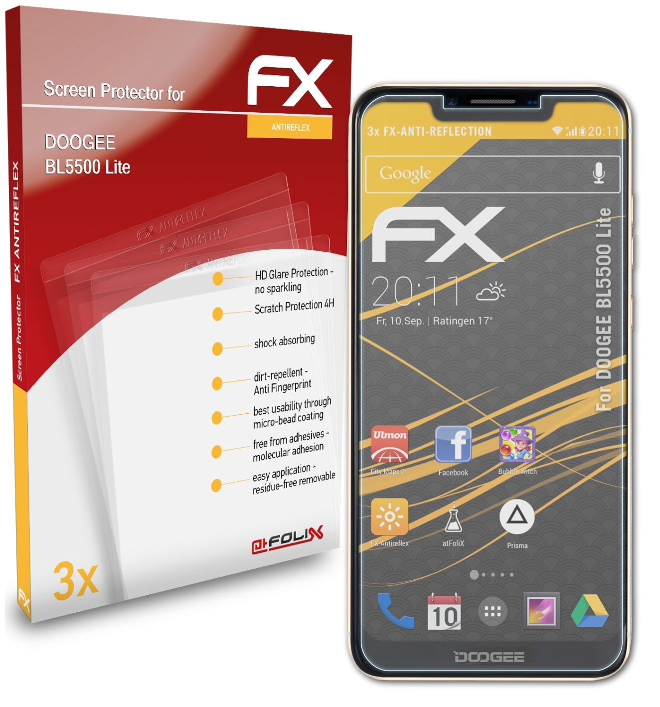 BL5500 Doogee FX-Antireflex ATFOLIX Lite) 3x Displayschutz(für