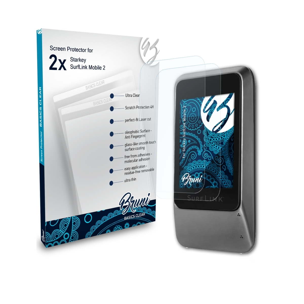 BRUNI Basics-Clear 2) SurfLink 2x Schutzfolie(für Mobile Starkey