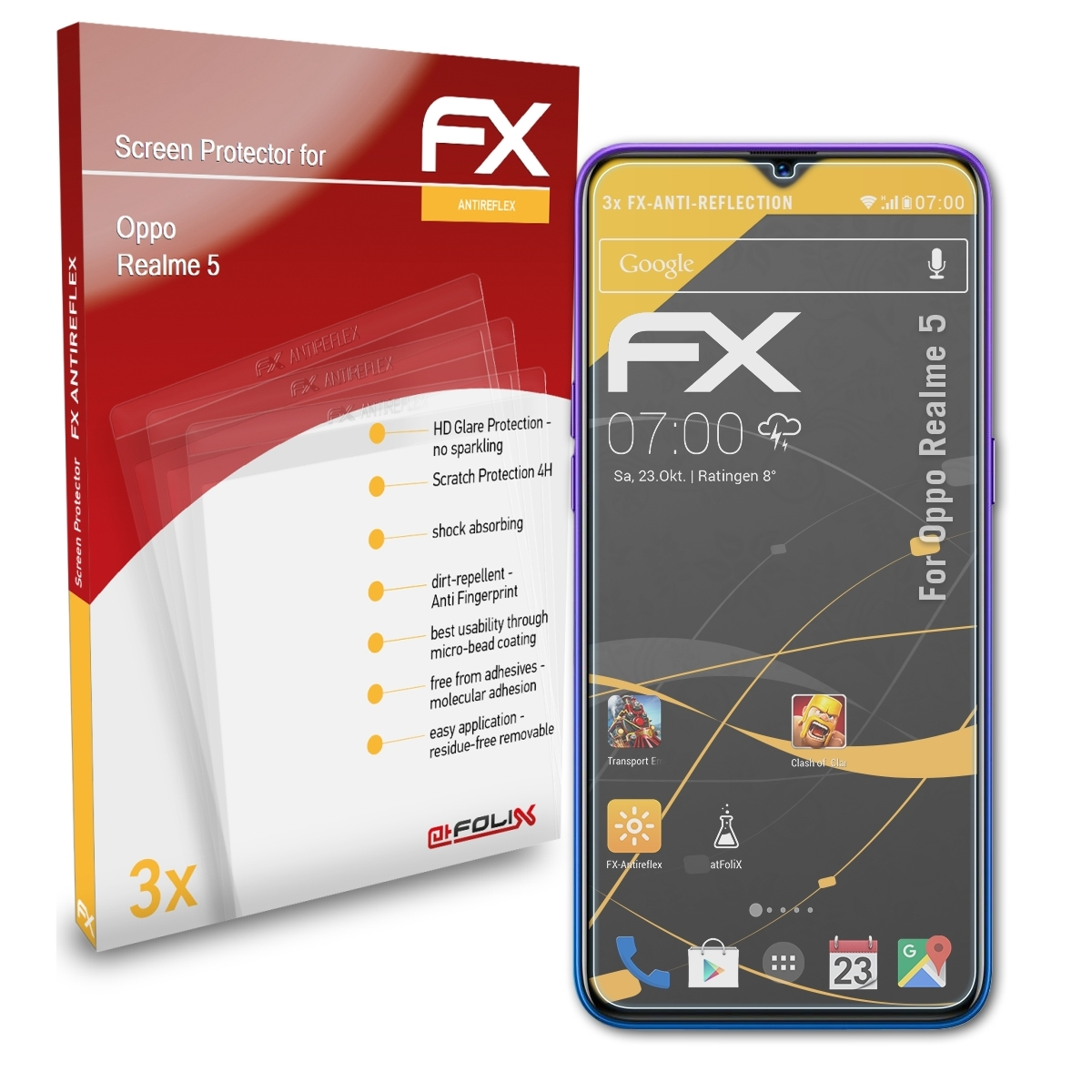 Realme Displayschutz(für ATFOLIX 5) Oppo 3x FX-Antireflex