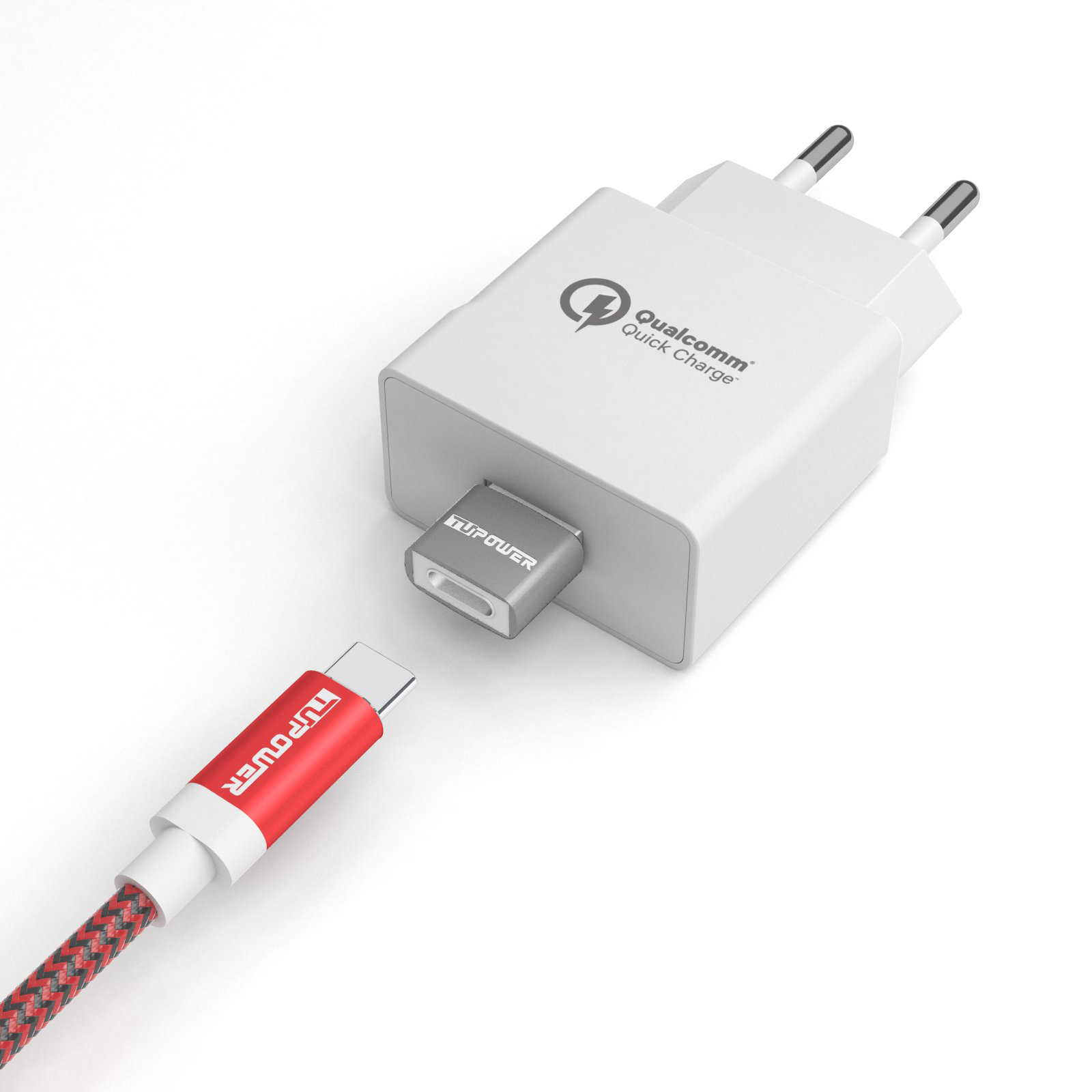 Ein weißes Ladegerät mit angeschlossenem USB-C-Kabel. Das Kabel ist rot und schwarz.